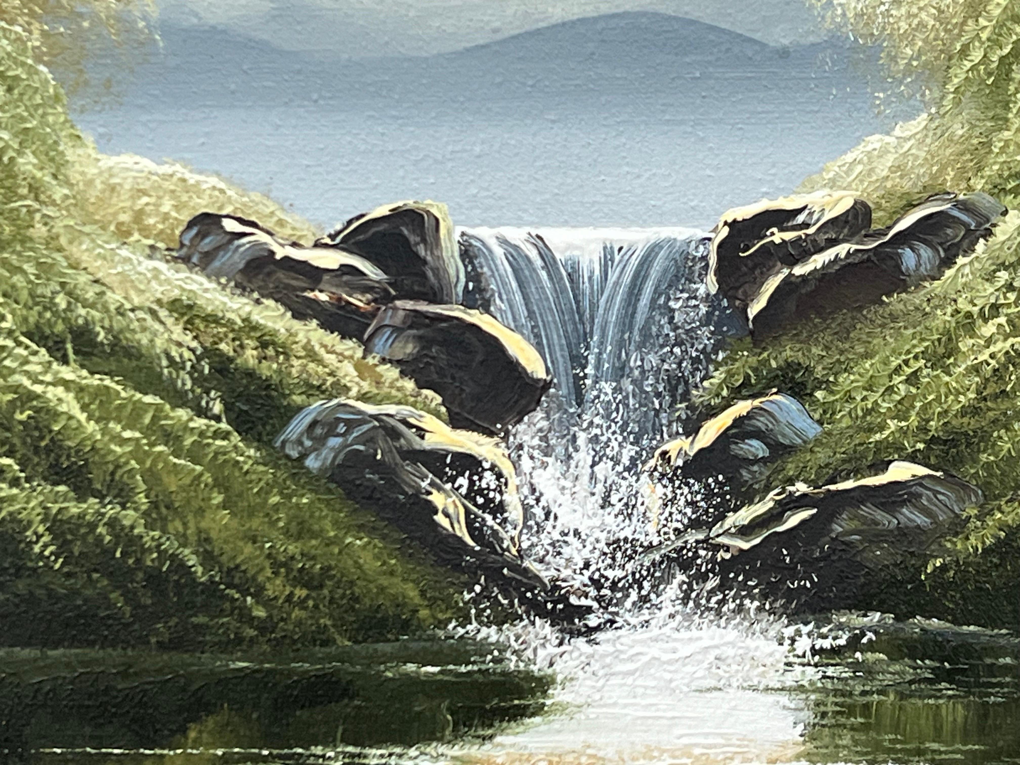 Whispers of the Falls - Cascata del lago fluviale con alberi rigogliosi di un artista britannico in vendita 4