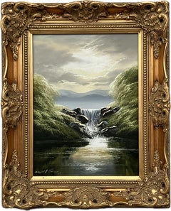 Whispers of the Falls - River Lake Waterfall with Lush Trees by British Artist