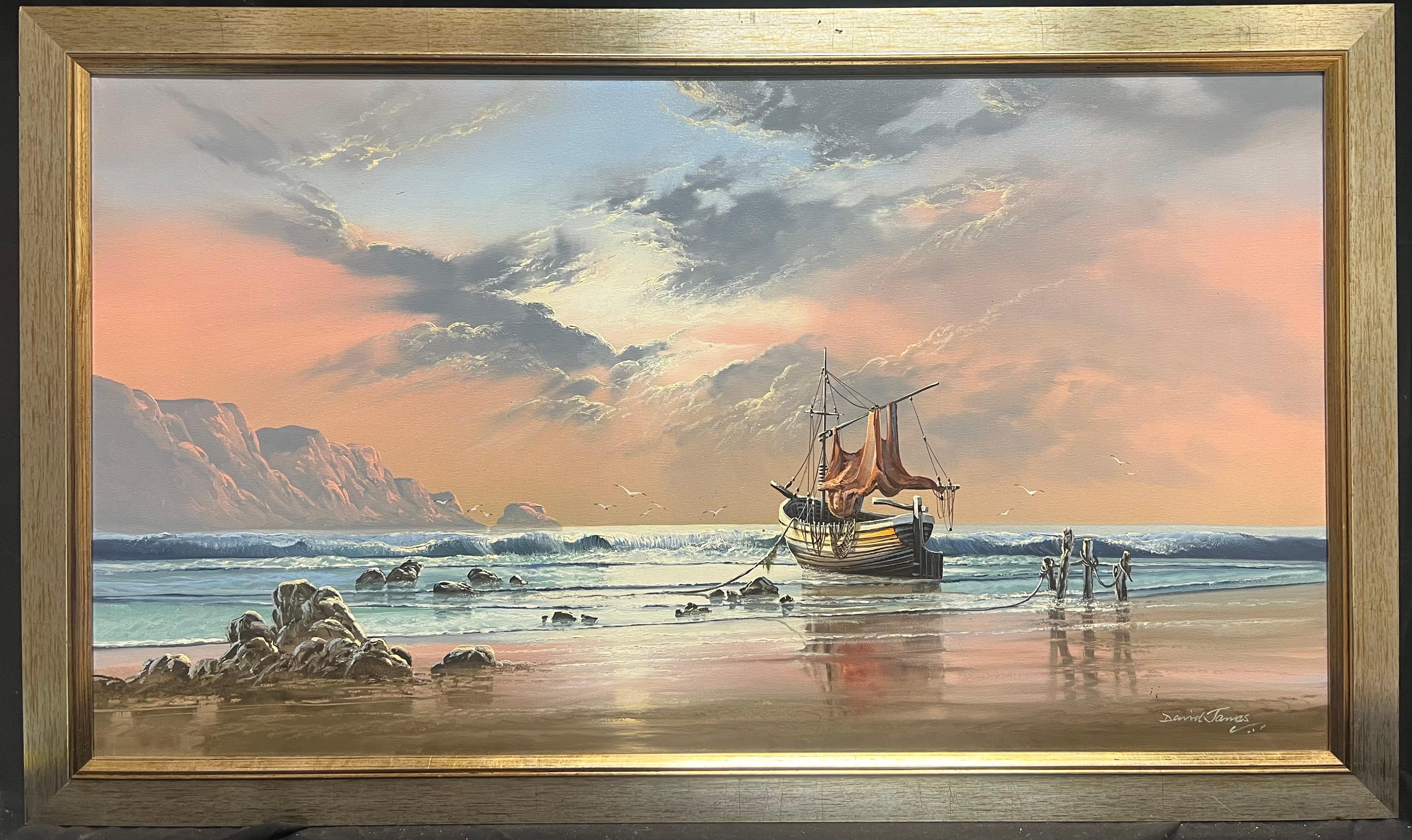 Olio firmato Scena di spiaggia con barche da pesca ormeggiate e onde che si infrangono al tramonto - Painting di  David James 