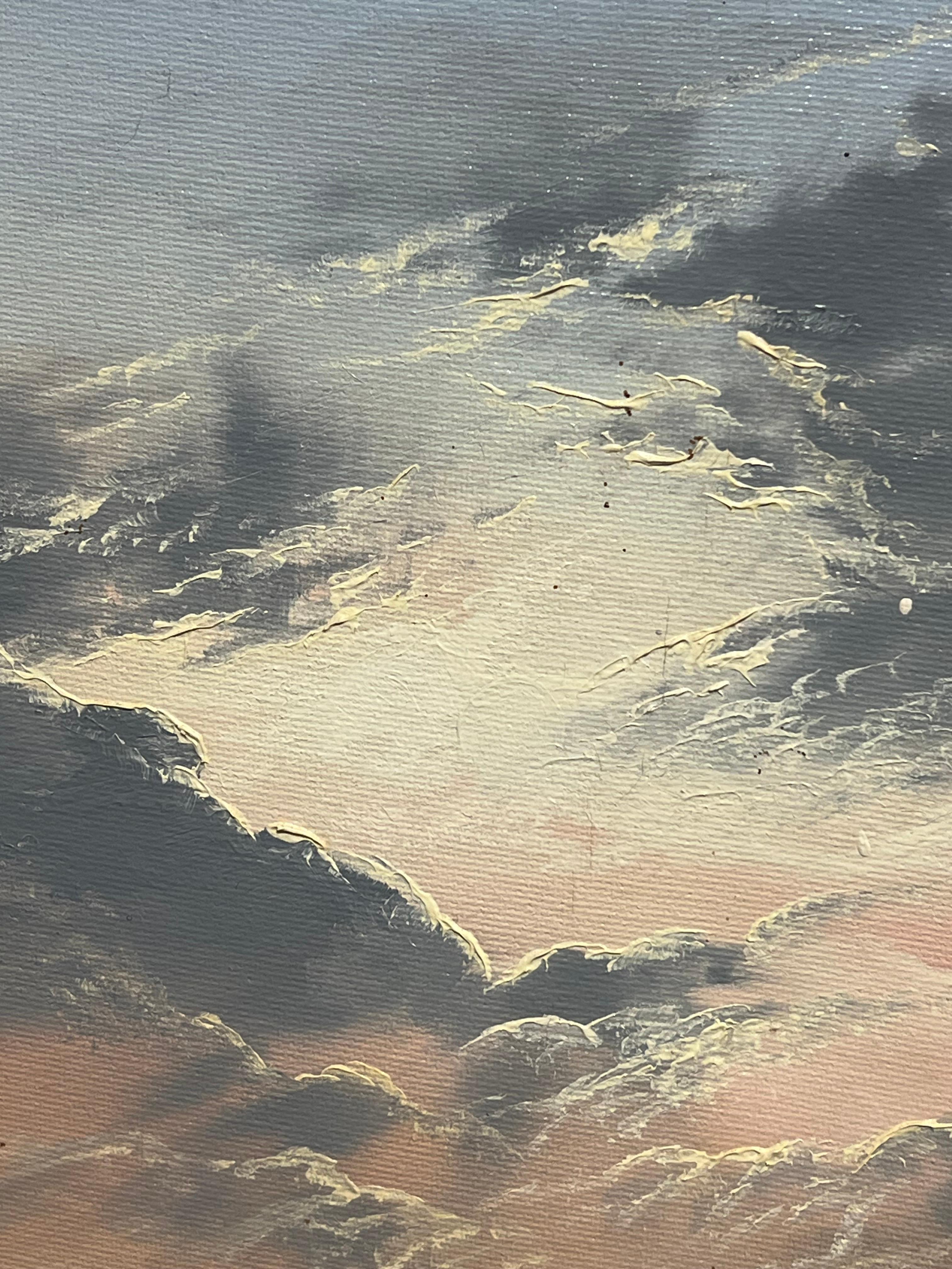 Olio firmato Scena di spiaggia con barche da pesca ormeggiate e onde che si infrangono al tramonto in vendita 2