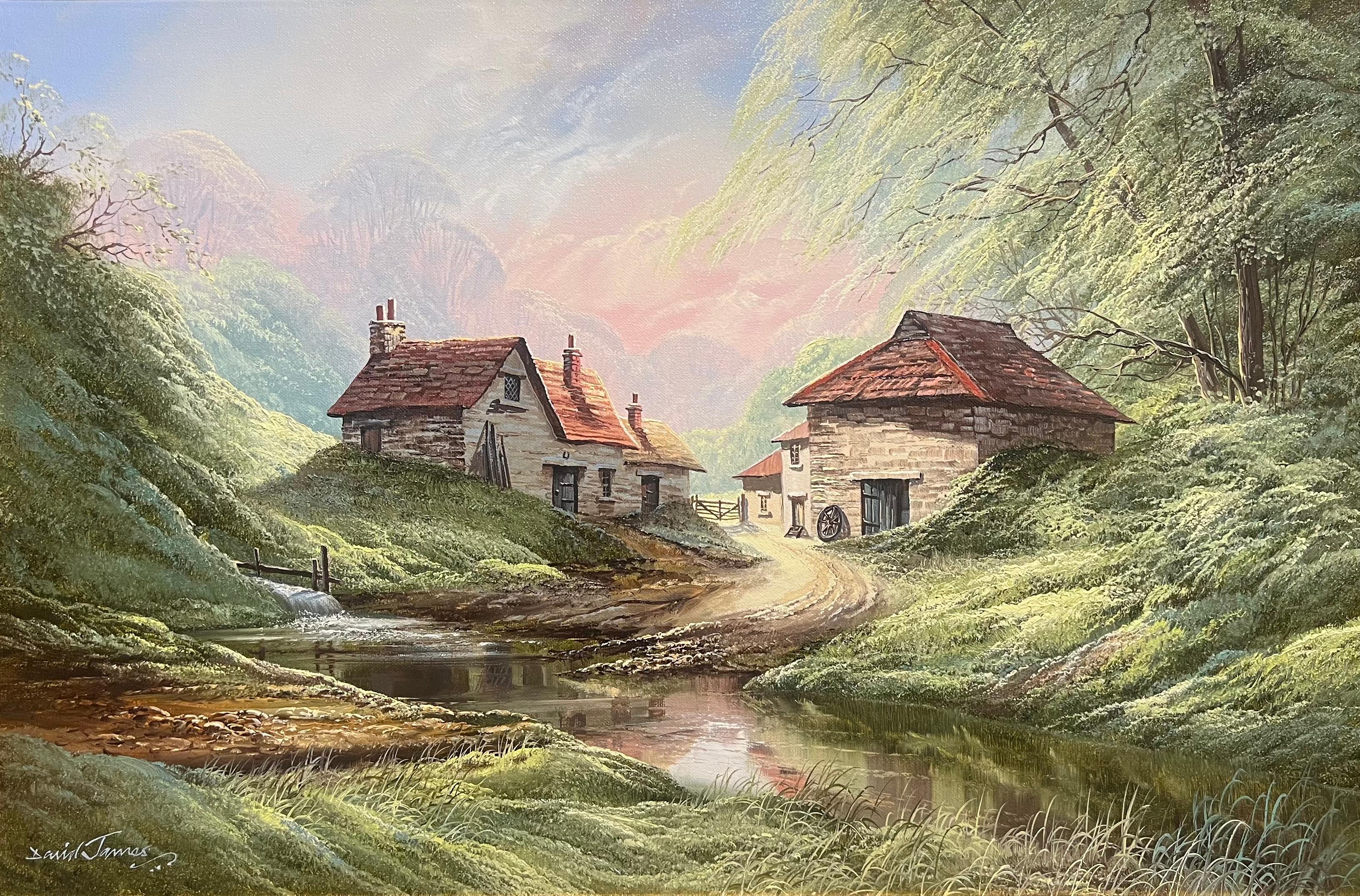 Idílica campiña inglesa Paisaje de cabañas de piedra al óleo y arroyo serpenteante - Painting de David James 