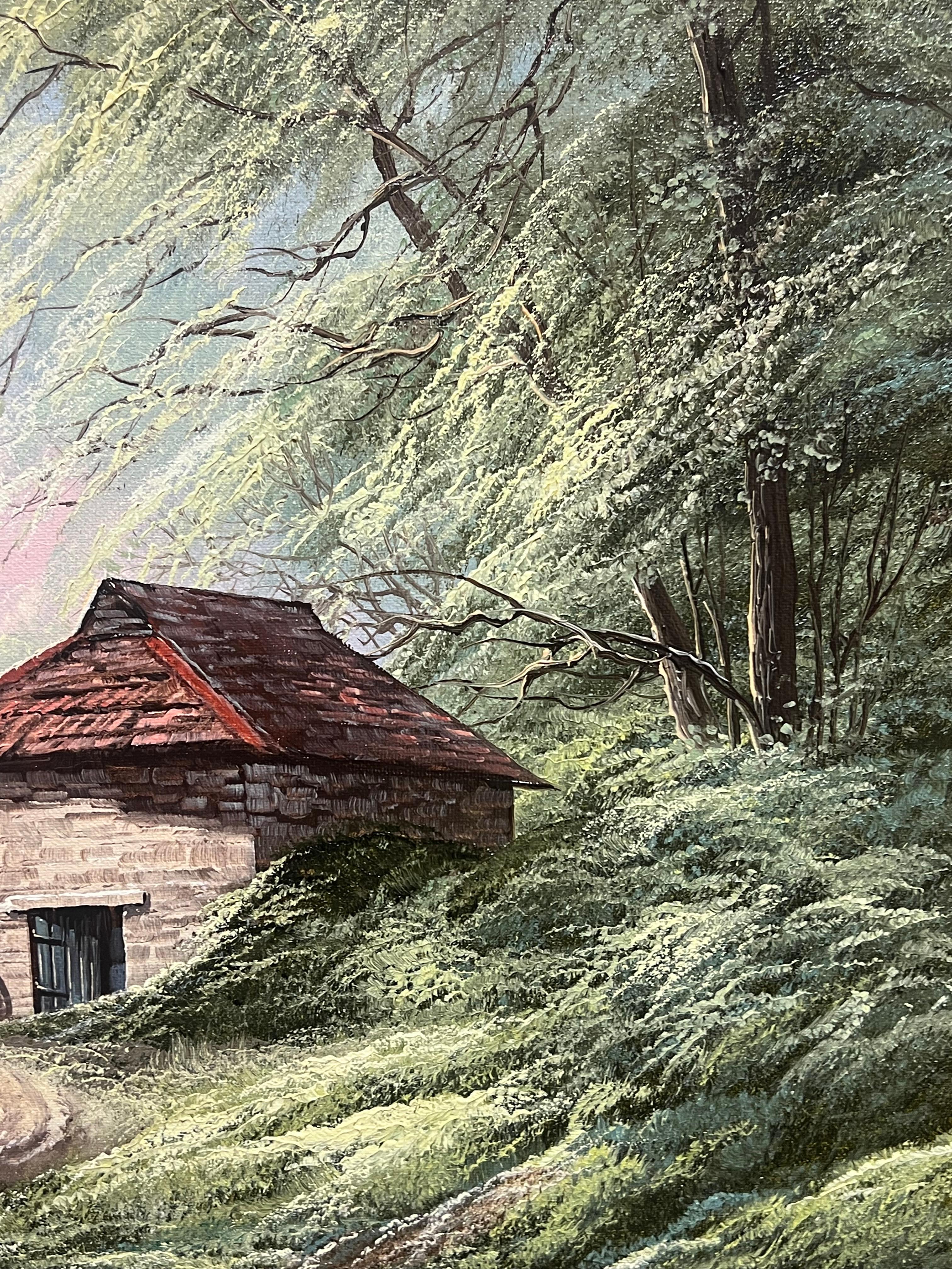 Idílica campiña inglesa Paisaje de cabañas de piedra al óleo y arroyo serpenteante - Painting Impresionista de David James 