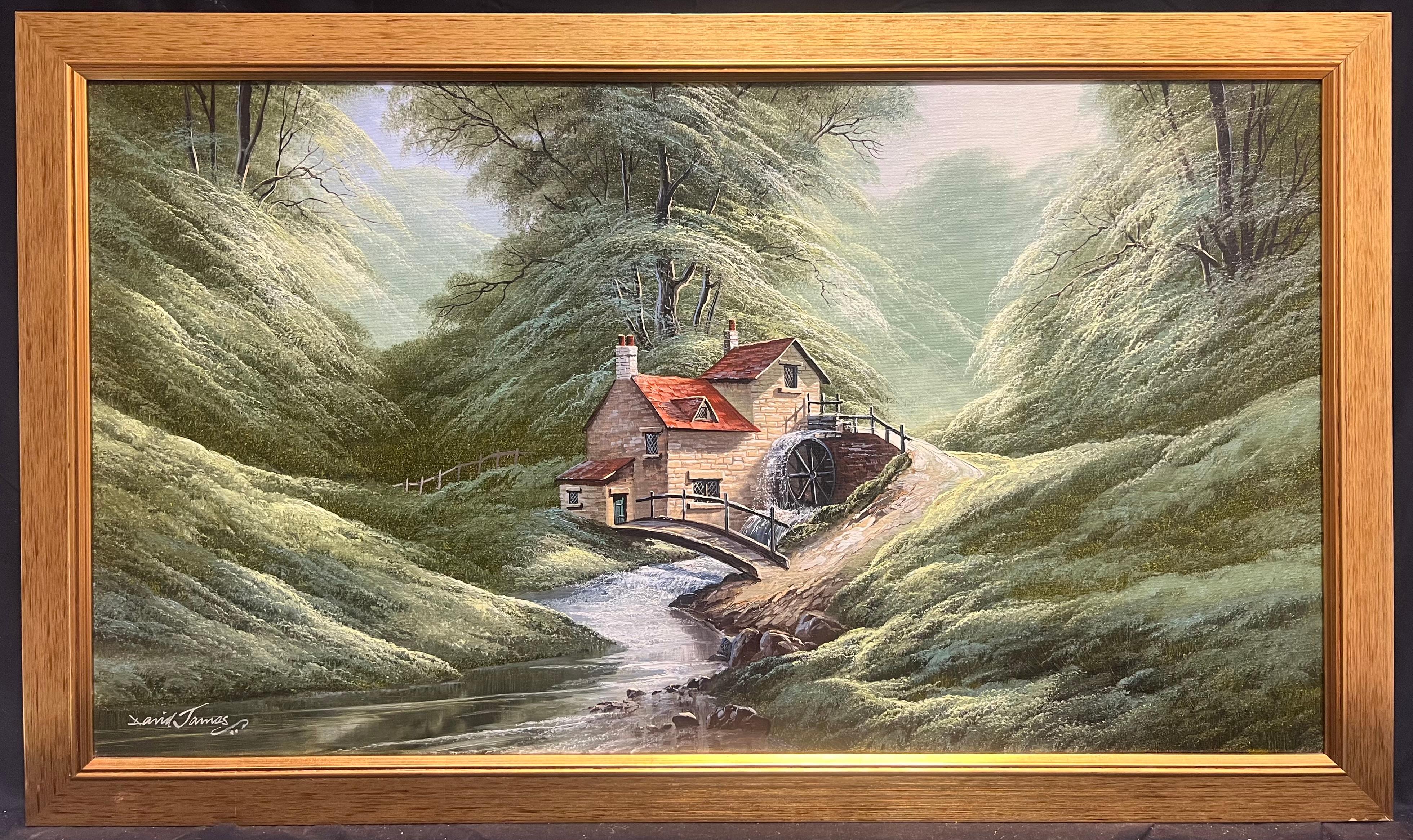 Encantador molino de agua en un valle verde Paisaje rural inglés - Painting de David James