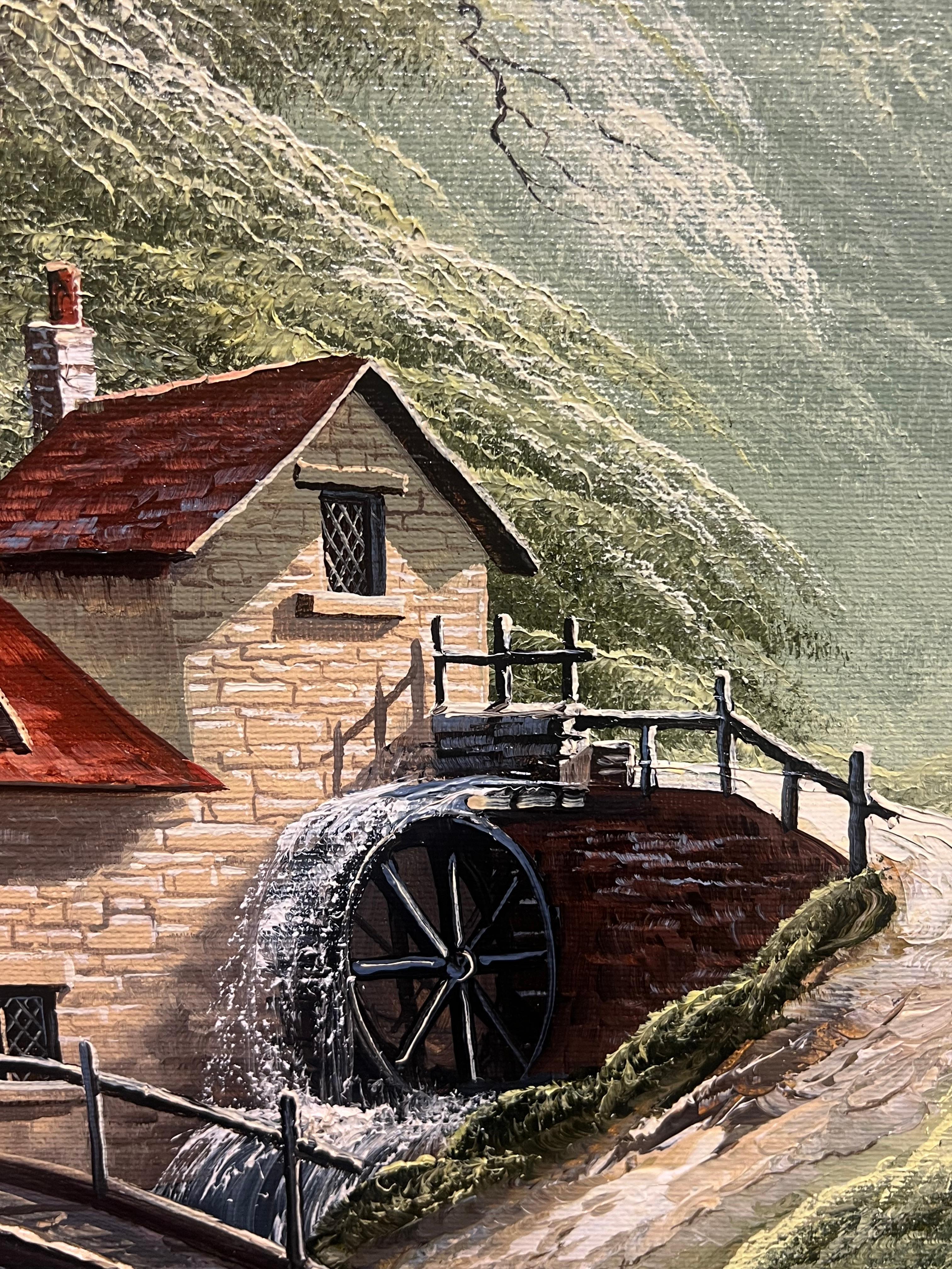 Encantador molino de agua en un valle verde Paisaje rural inglés - Figurative Painting Marrón de David James
