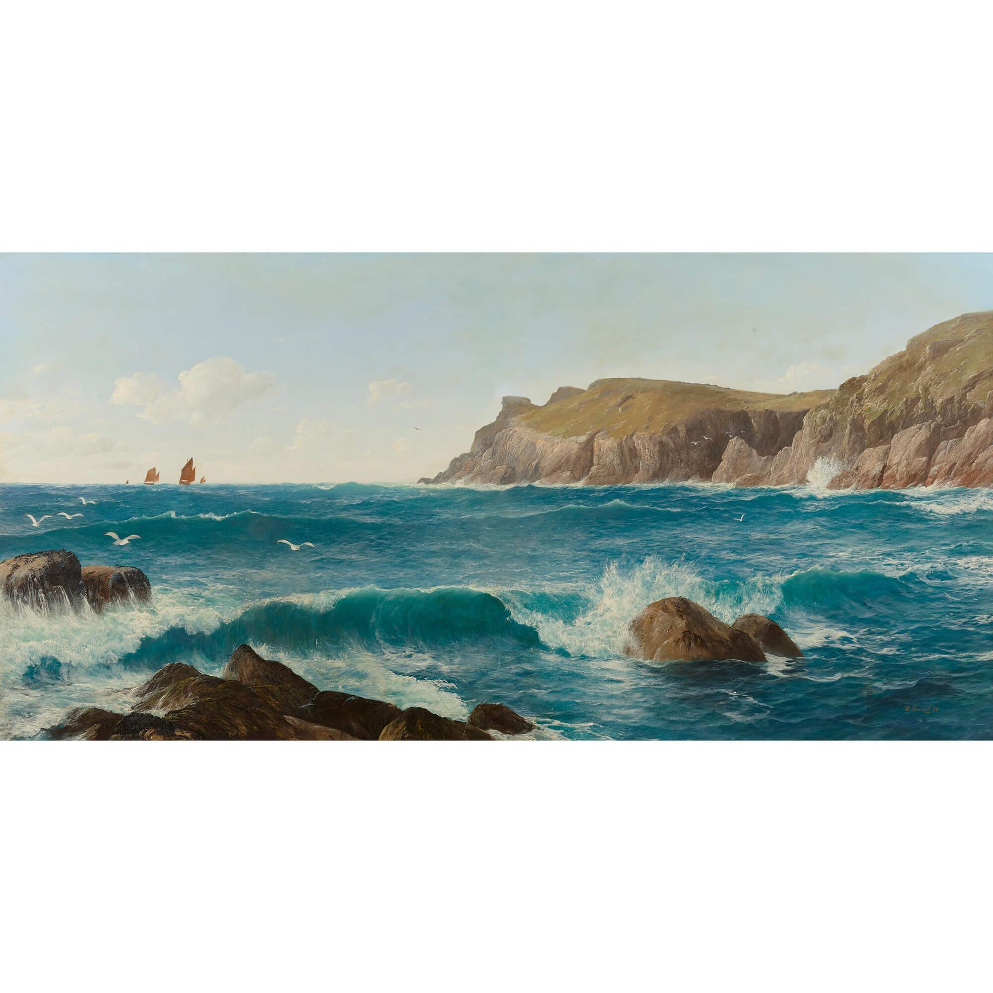 Grande dipinto di paesaggio marino di Mill Bay, in Cornovaglia, di David James (1853-1904). in vendita 1