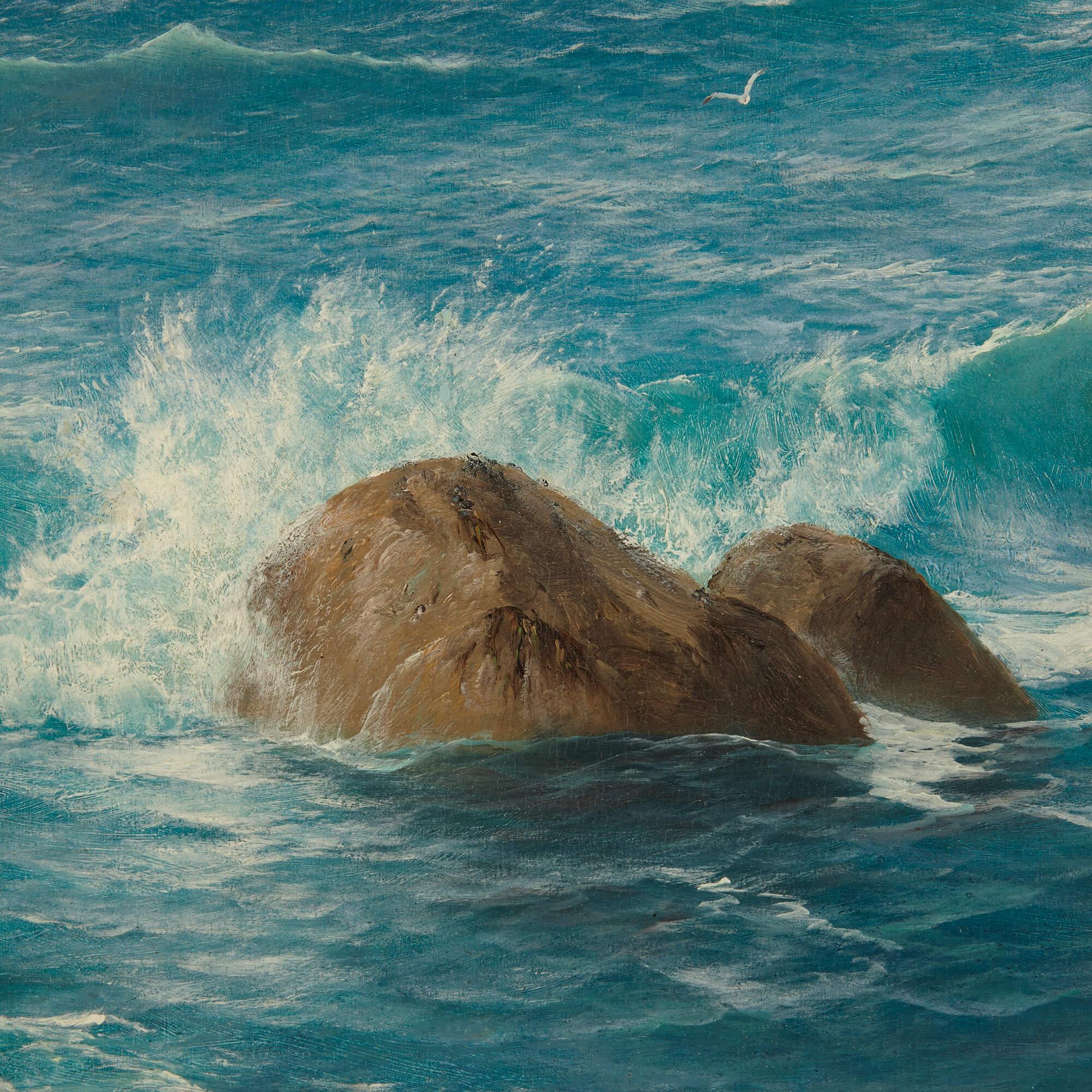 Grande dipinto di paesaggio marino di Mill Bay, in Cornovaglia, di David James (1853-1904). in vendita 2