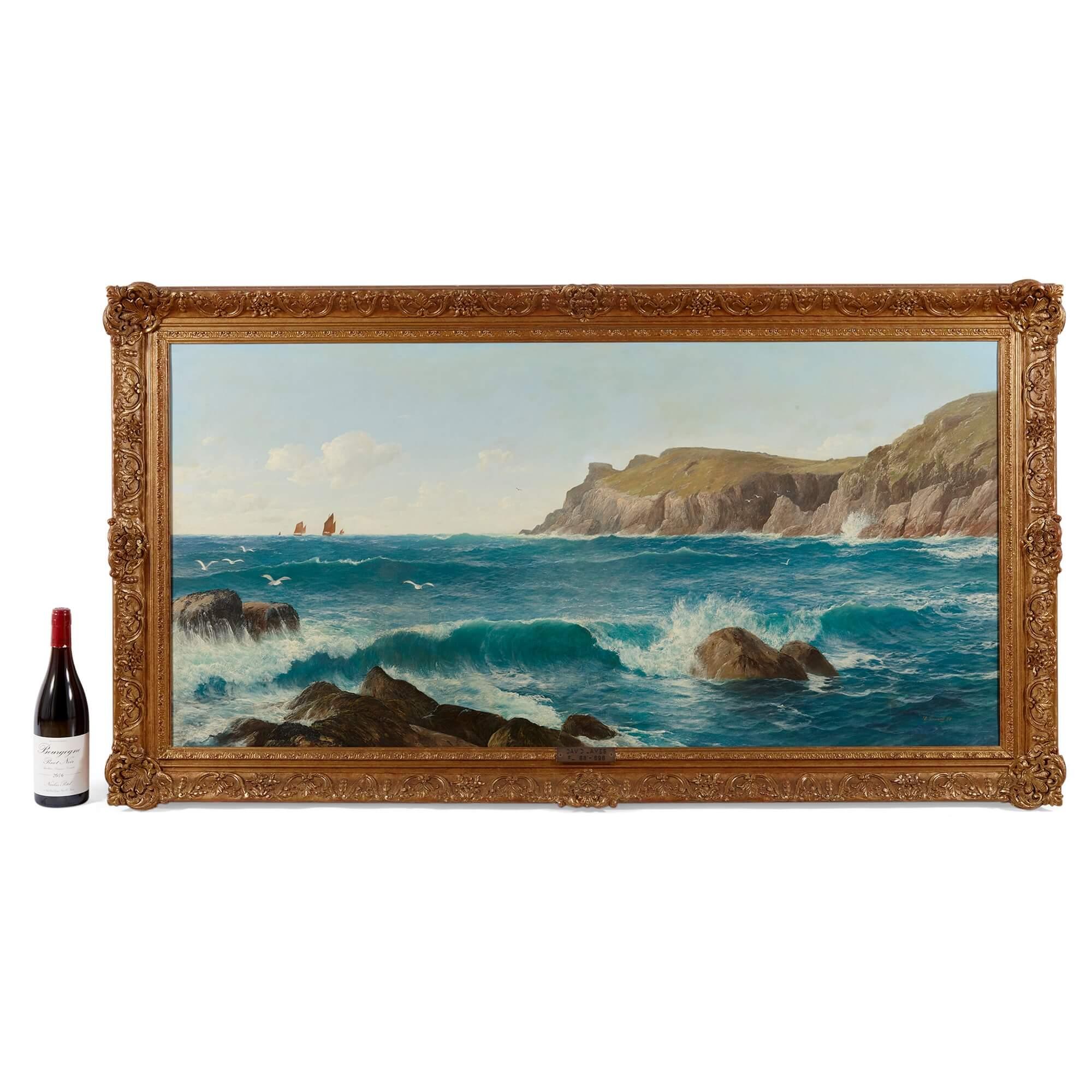 Large seascape painting of Mill Bay, Cornwall by David James (British 1853-1904) For Sale 3