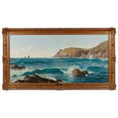 Large seascape painting of Mill Bay, Cornwall by David James (British 1853-1904)