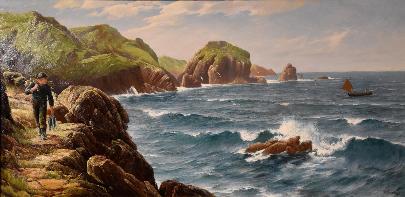 Ölgemälde von David James "A Cornish Coastal View" 1835 -1904. Der führende Maler von Wellen und Ozeanen schwillt an. Er wird regelmäßig in der Royal Academy ausgestellt und ist in vielen Museen zu finden, darunter auch in der maritimen Natur. Öl