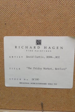 Originale English Impressionist Oil Painting Scena di mercato di David Jan Curtis
