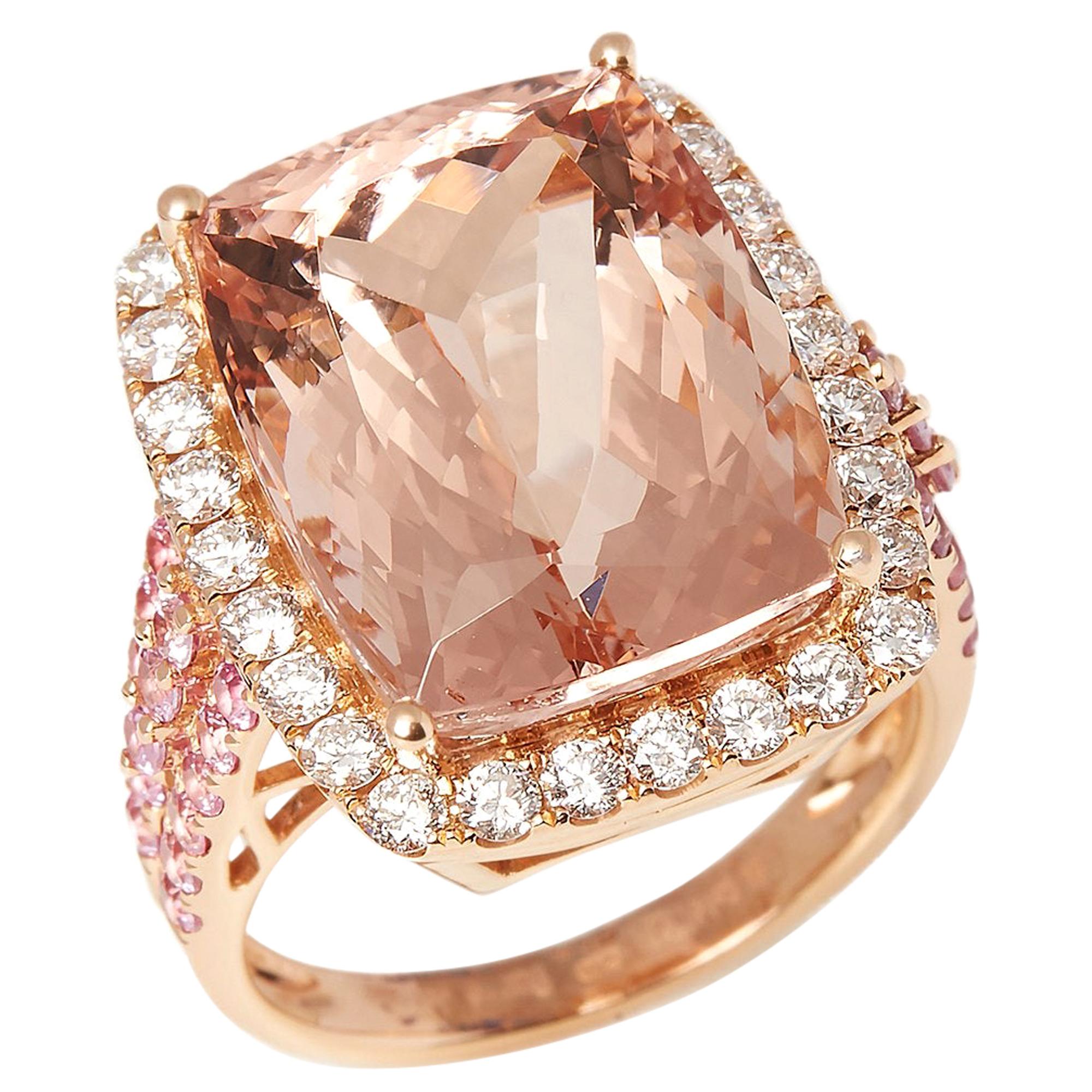 Certified 14.99ct Cushion Cut Morganite, Pink Sapphire and Diamond 18ct ring For Sale