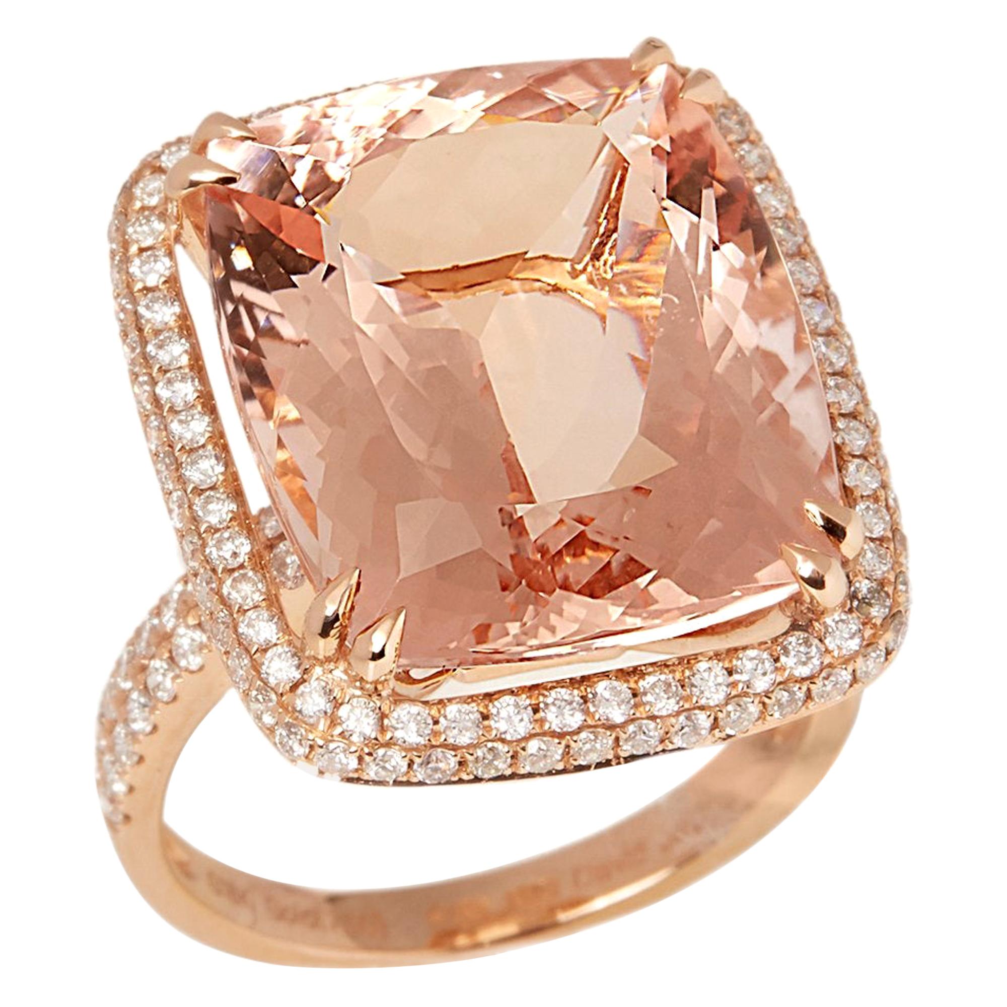 Bague en or 18 carats avec diamant et morganite brésilienne taille coussin, certifiée de 16,71 carats en vente