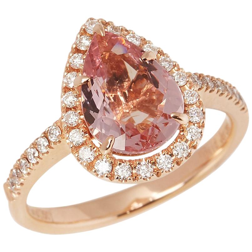 Certified 1.84ct Pear Cut Morganite and Diamond 18ct gold Ring