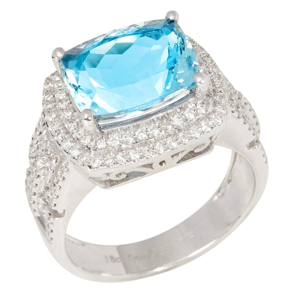 Bague en or 18ct certifiée 4,81ct aigue-marine brésilienne taillée en coussin et diamant