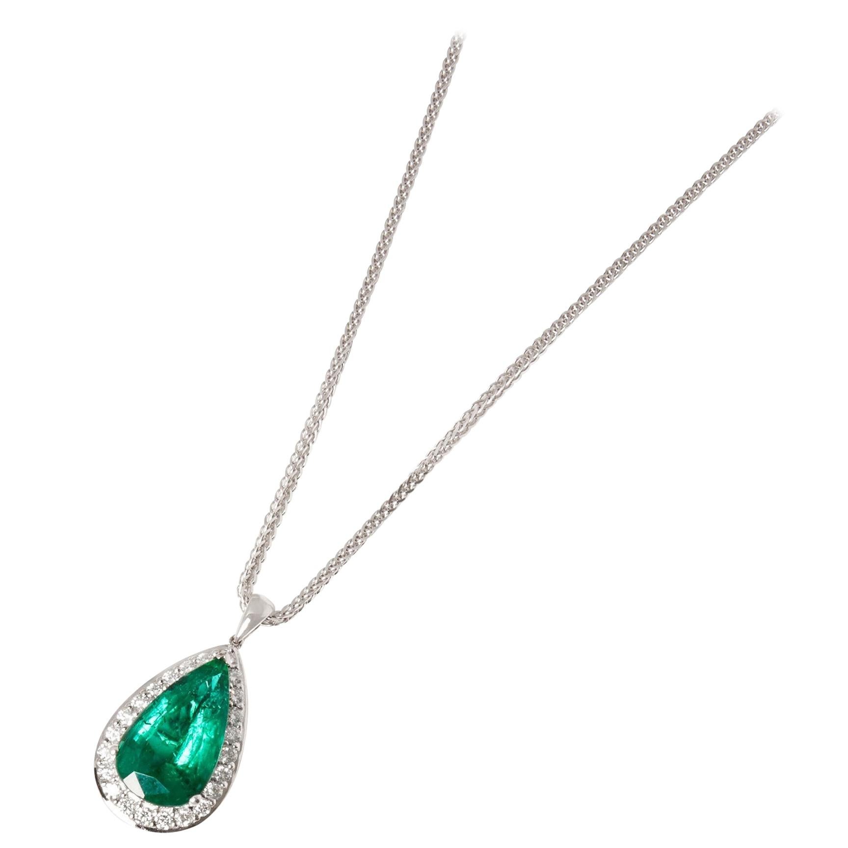 David Jerome 18 Karat White Gold Emerald and Diamond Pendant For Sale