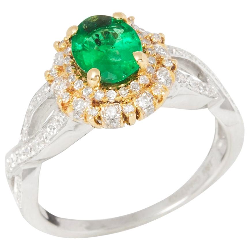 Certified 1.03ct Untreated Zambian Oval Cut Emerald and Diamond 18ct gold Ring For Sale