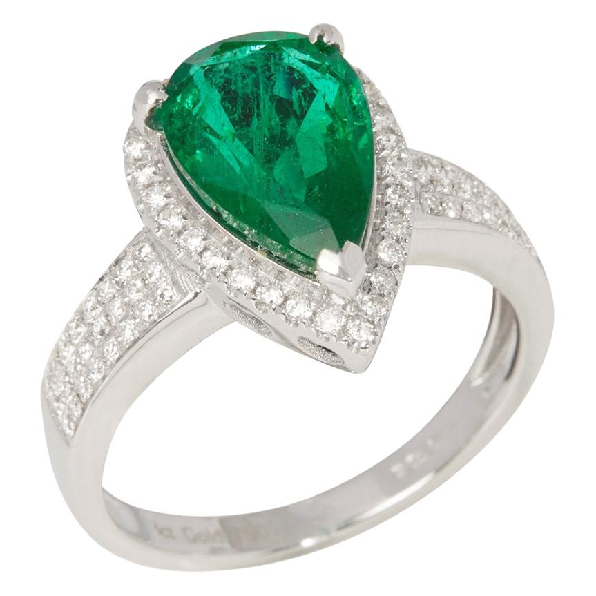 Certified 3.66ct Untreated Zambian Pear Cut Emerald and Diamond 18ct Gold Ring