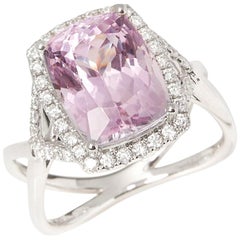 Certified 6.69ct Cushion Cut Kunzite and Diamond 18ct gold Ring