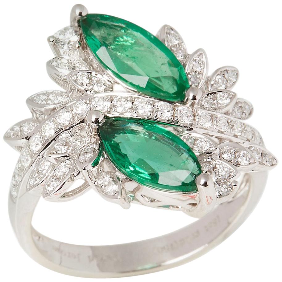 Certified 1.73ct Marquise Cut Emerald and Diamond 18ct gold Ring For Sale