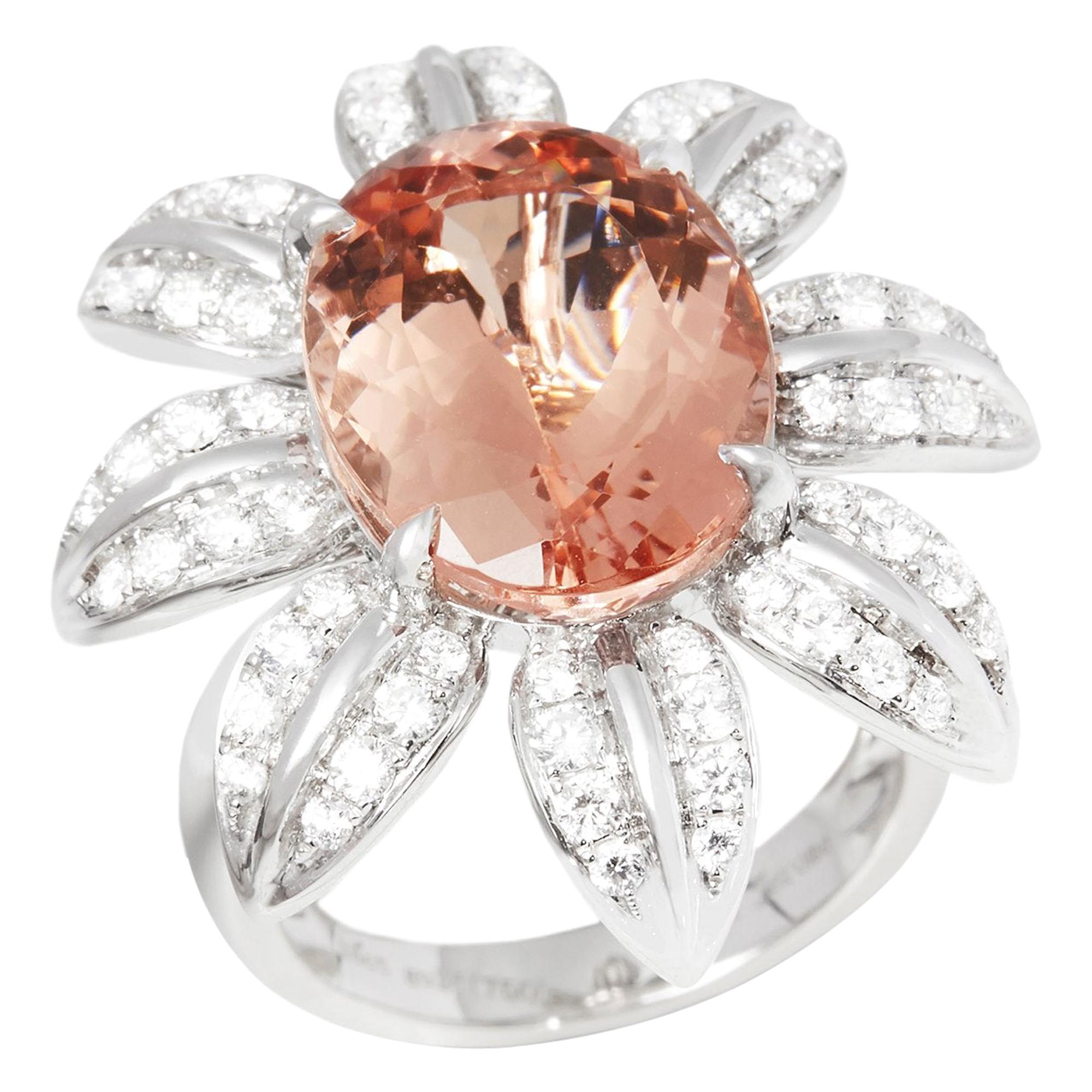 Certified 8.86ct Oval Cut Morganite and Diamond 18ct Gold Ring