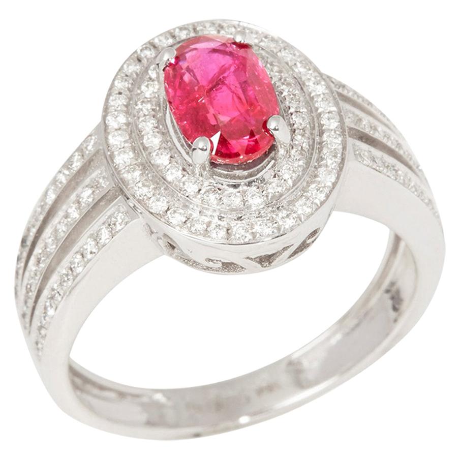 Certified 1.09ct Untreated Burmese Oval Cut Ruby and Diamond 18ct gold Ring For Sale