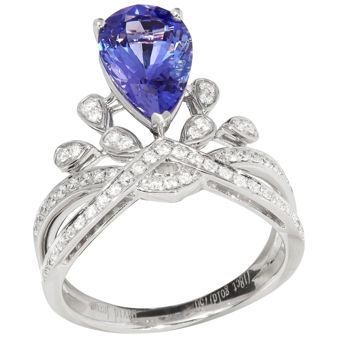 Certified 2.7ct Pear Cut Tanzanite and Diamond 18ct gold Ring For Sale