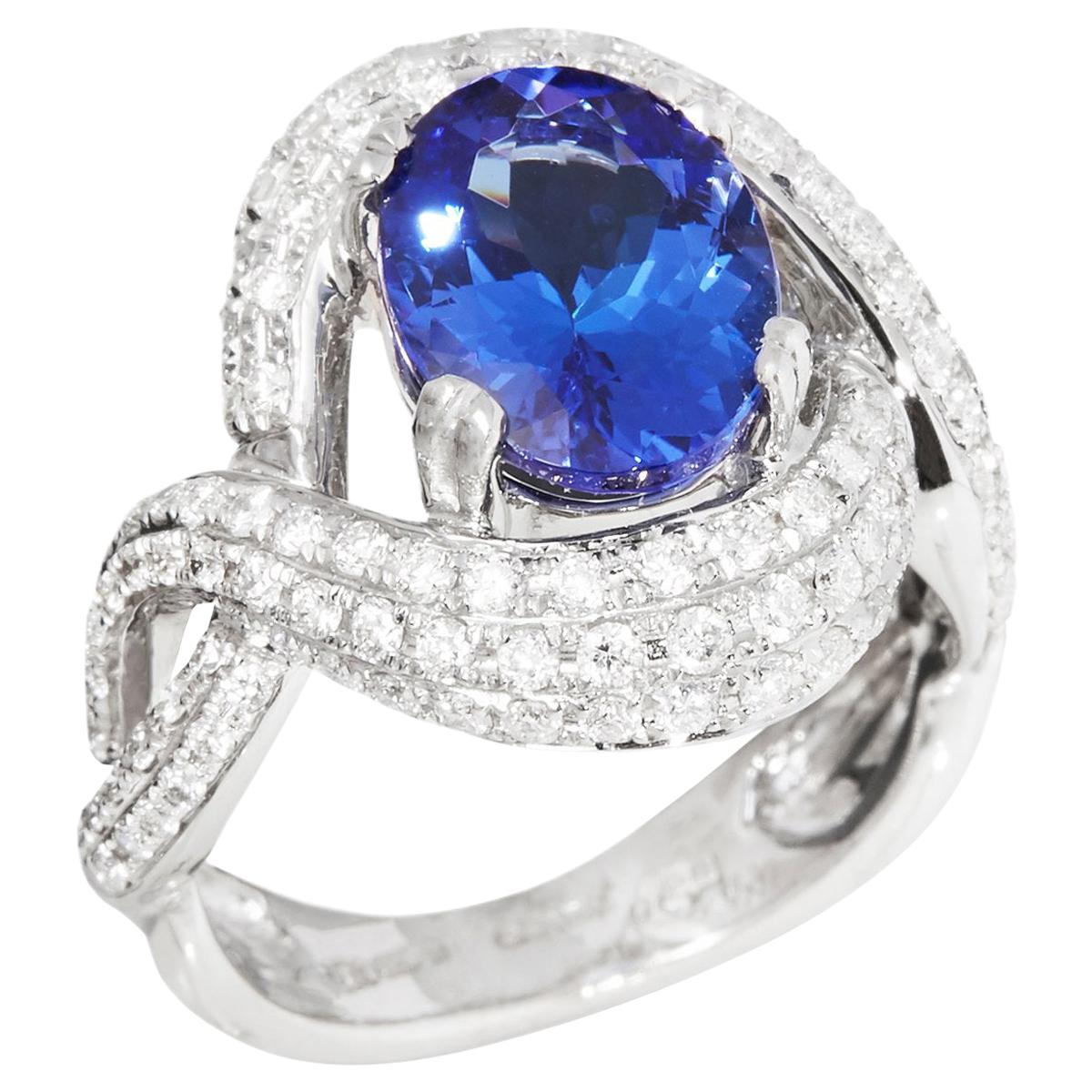 Certified 3.44ct Tanzanite and Diamond 18ct gold Ring For Sale