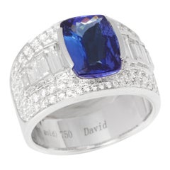 Bague certifiée en or 18 carats avec diamants et tanzanite taille coussin de 3,1 carats