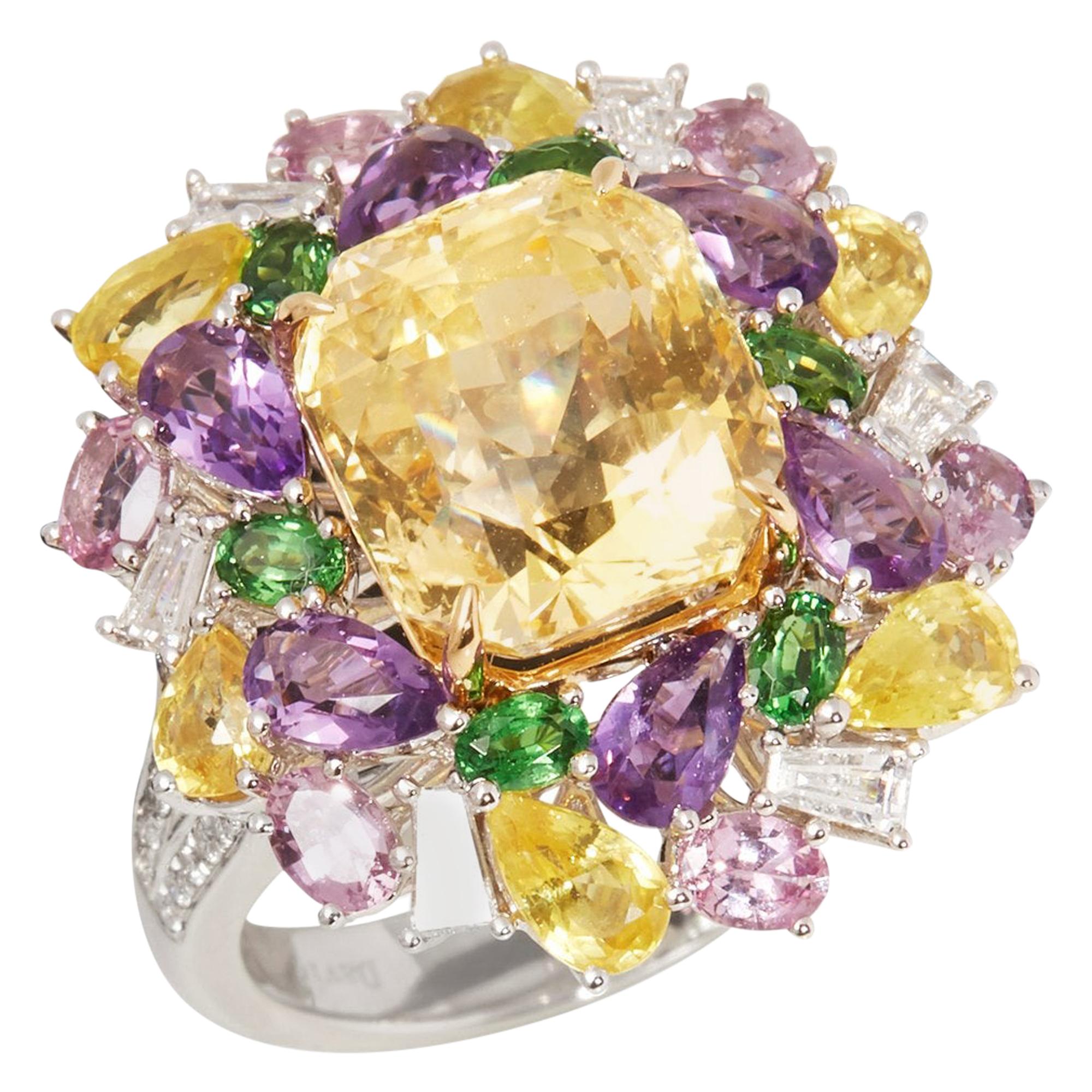 Bague en or 18 carats avec saphir jaune non chauffé et diamants certifiés 8,26 carats