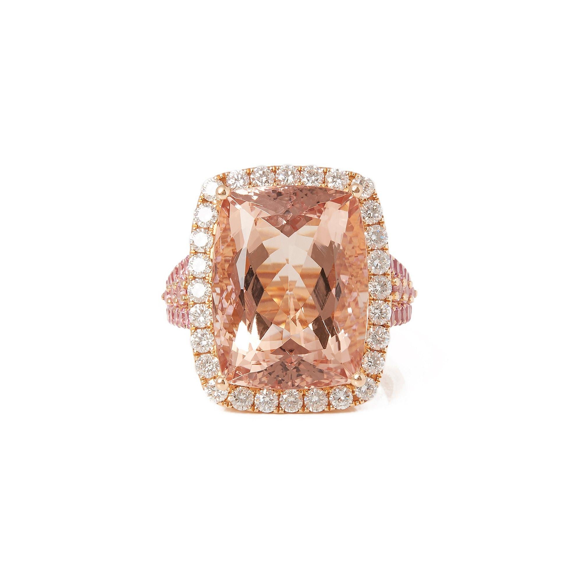 This ring designed by David Jerome is from his private collection and features one cushion cut morganite totalling 14.99cts sourced in Brazil. Set with round brilliant cut Diamonds totalling 2.14cts mounted in an 18k rose gold setting. Finger size