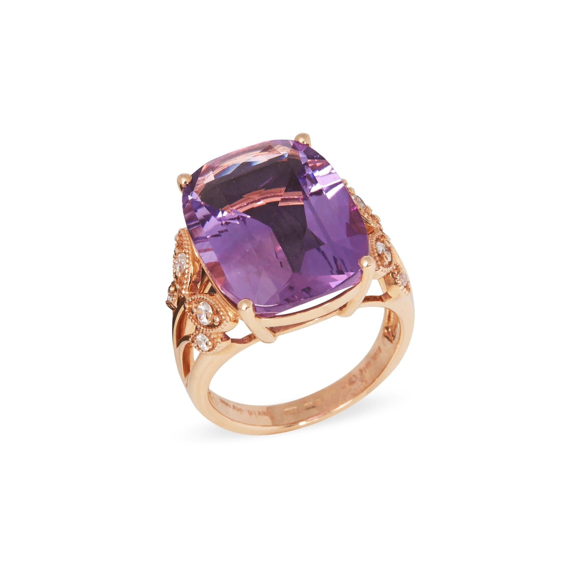 Cushion Cut Certified 12.74ct Russian Amethyst and Diamond 18ct gold Ring For Sale