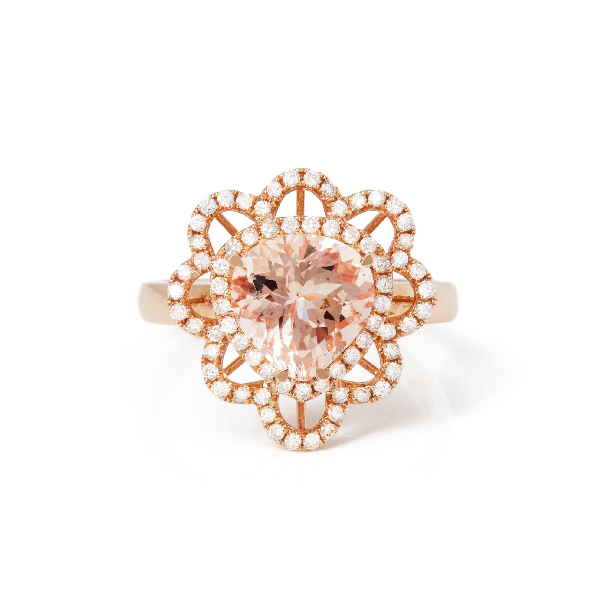 This Ring Designed by David Jerome is from his Private Collection and features One Trilliant Cut Morganite totalling 2.49cts Sourced in Brazil. Set with Round Brilliant Cut Diamonds totalling 0.45cts Mounted in an 18k Rose Gold Setting. UK Finger