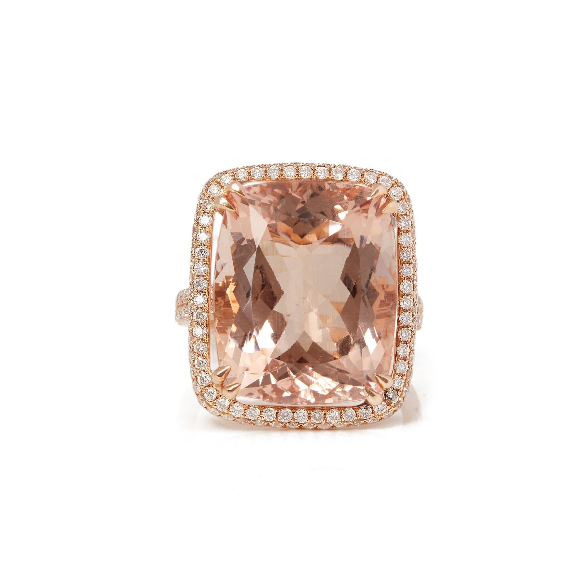 This ring designed by David Jerome is from his private collection and features one cushion cut morganite totalling 16.71cts sourced in Brazil. Set with round brilliant cut Diamonds totalling 0.45cts mounted in an 18k rose gold setting. UK finger