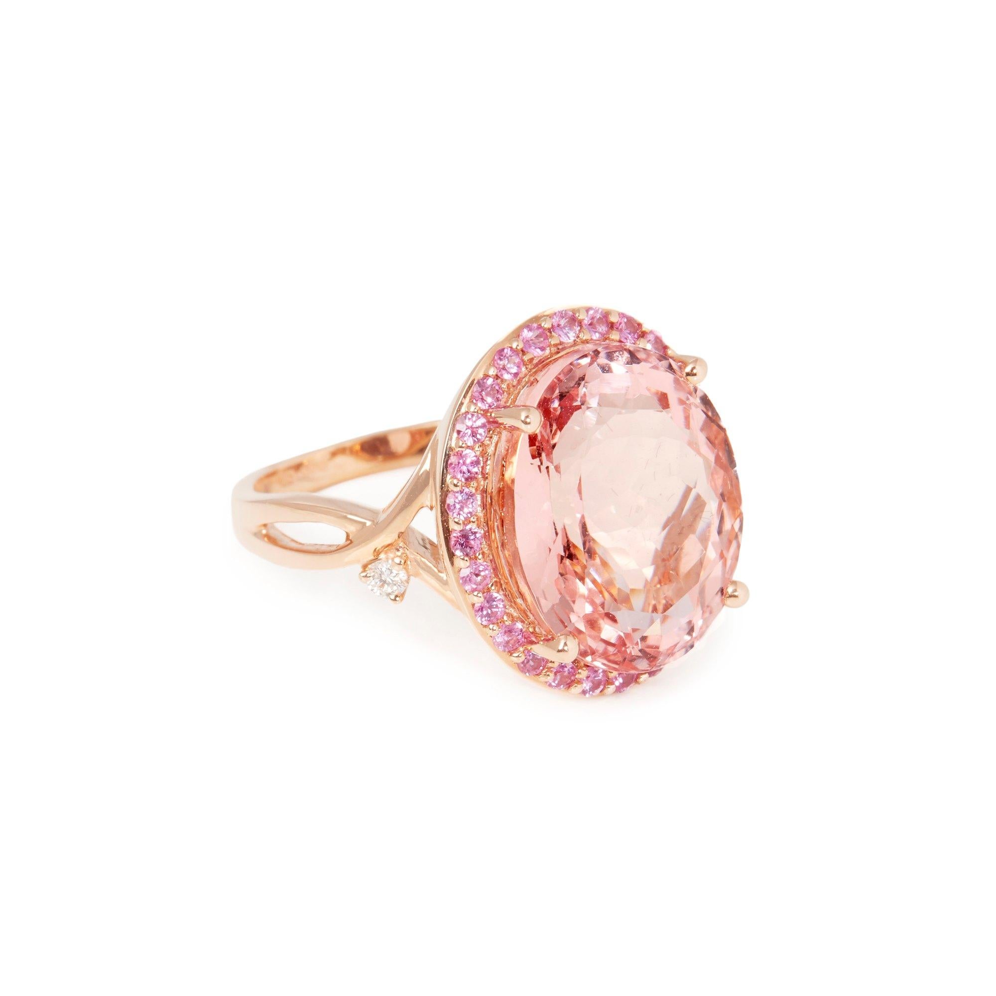 This ring designed by David Jerome is from his private collection and features one oval cut morganite totalling 12.51cts sourced in Brazil. Set with round brilliant cut pink Sapphires totalling 0.64cts mounted in an 18k rose gold setting. Finger