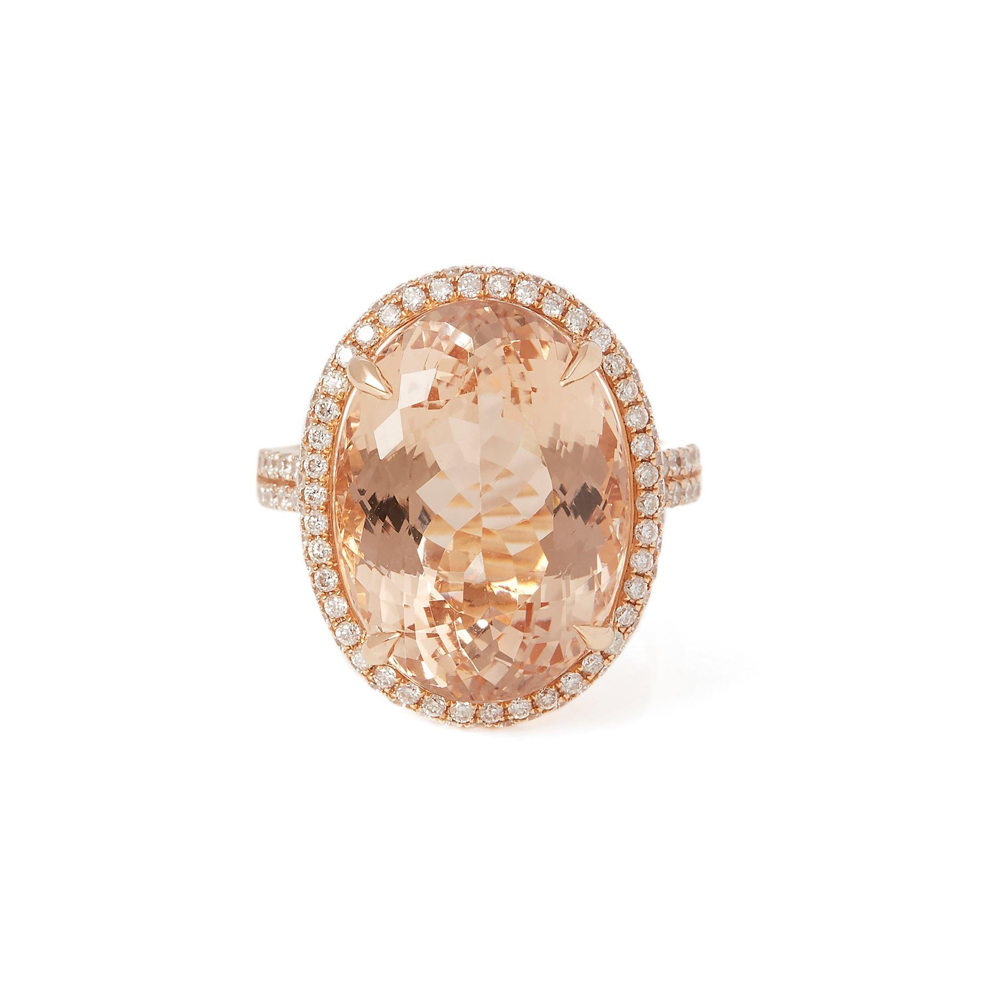This ring designed by David Jerome is from his private collection and features one oval cut morganite totalling 14.31cts sourced in Brazil. Set with round brilliant cut Diamonds totalling 0.85cts mounted in an 18k rose gold setting. Finger size UK