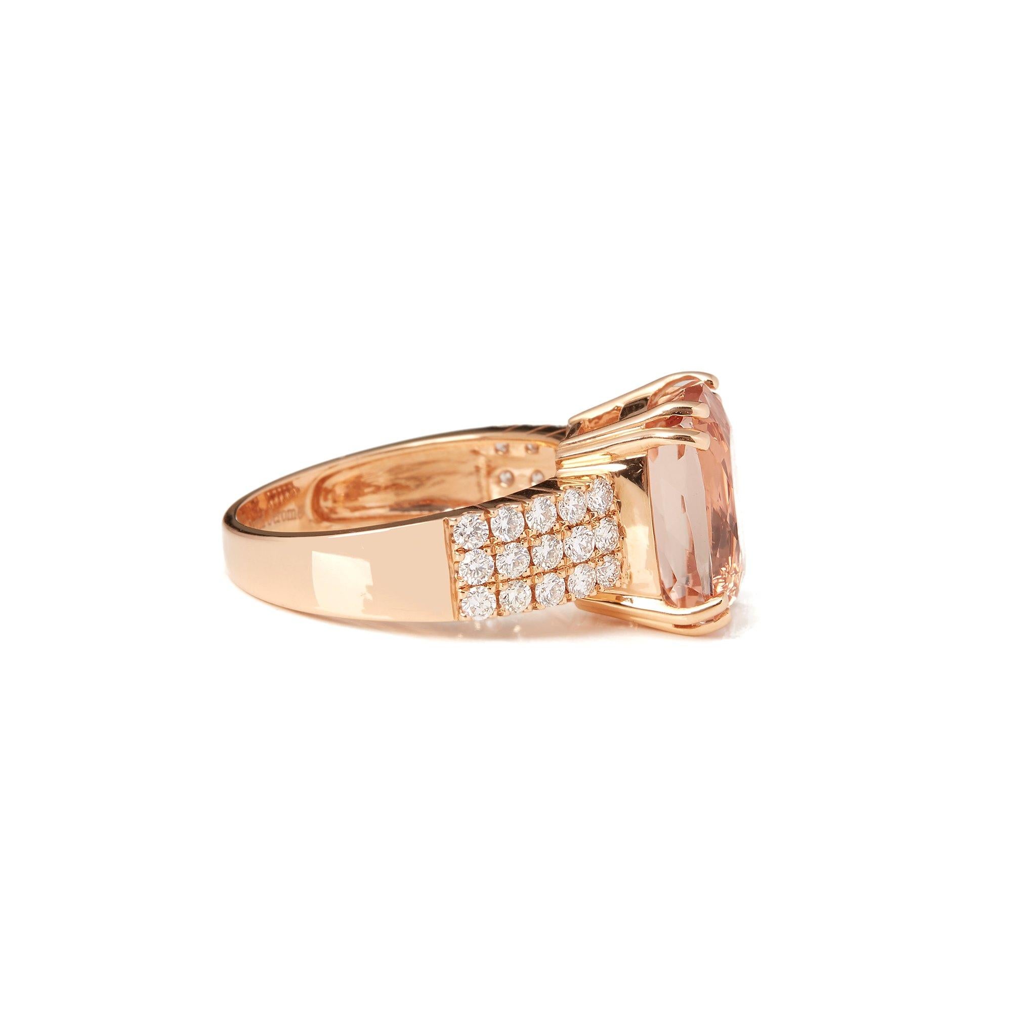 This Ring Designed by David Jerome is from his Private Collection and features One Cushion Cut Morganite Totalling 7.99cts Sourced in Brazil. Set with Round Brilliant Cut Diamonds Totalling 0.65cts Mounted in an 18k Rose Gold Setting. Finger Size UK