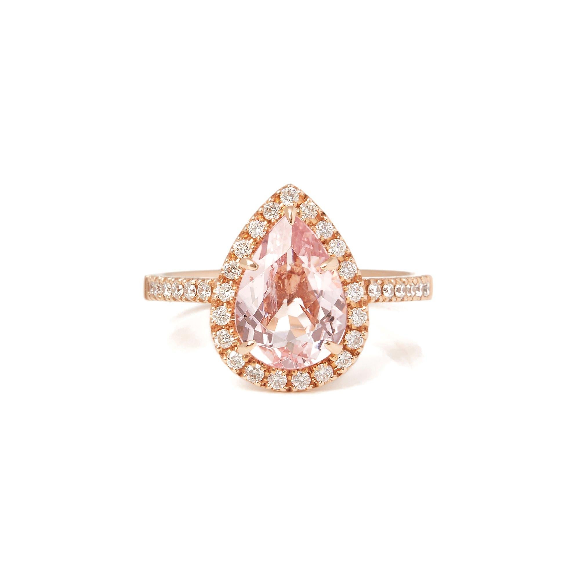 This ring designed by David Jerome is from his private collection and features one pear cut morganite totalling 1.84cts sourced in Brazil. Set with round brilliant cut diamonds totalling 0.33cts mounted in an 18k rose gold setting. Finger size UK  M
