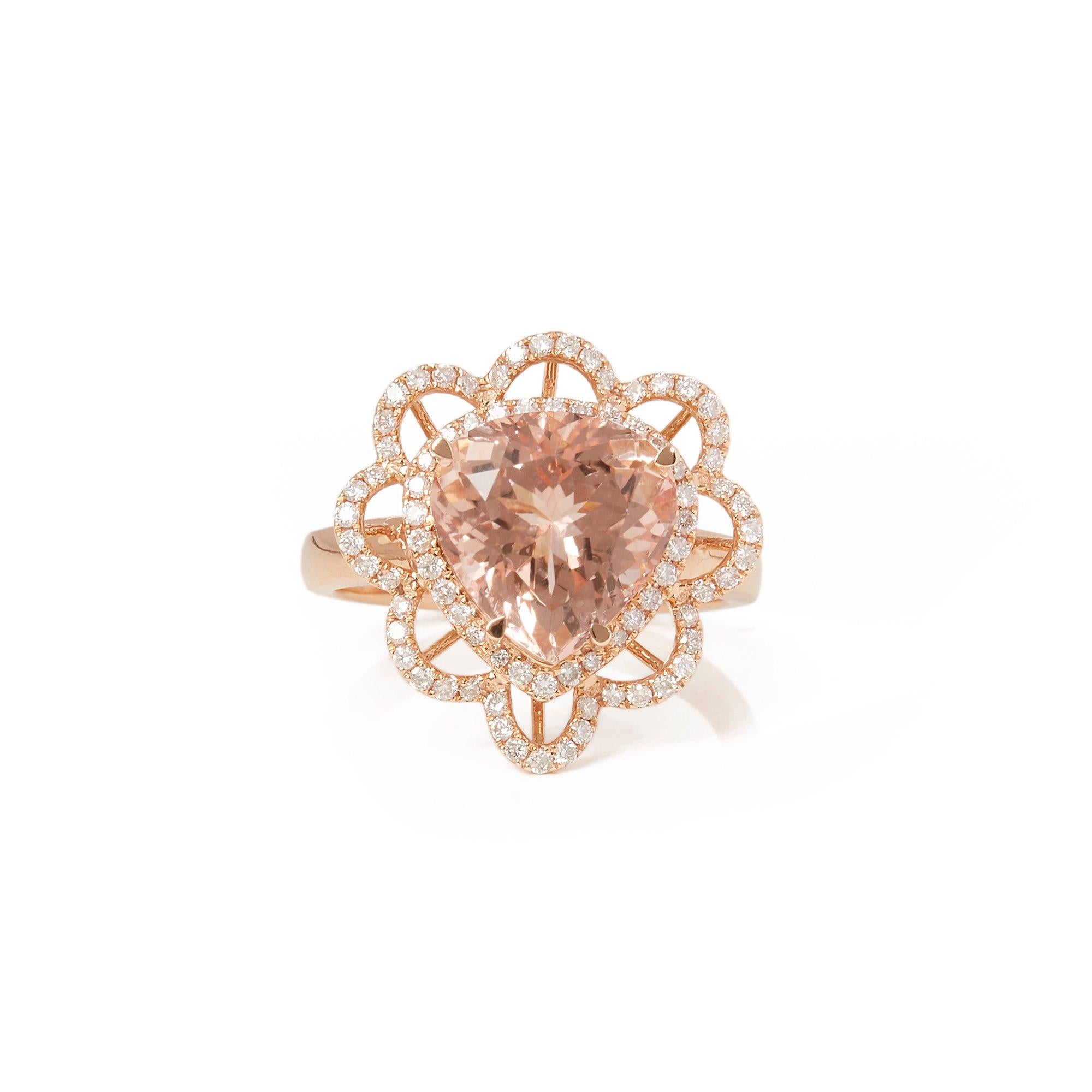 This ring designed by David Jerome is from his private collection and features one trilliant cut morganite totalling 4.88cts sourced in Brazil. Set with round brilliant cut diamonds totalling 0.45cts mounted in an 18k rose gold setting. Finger size