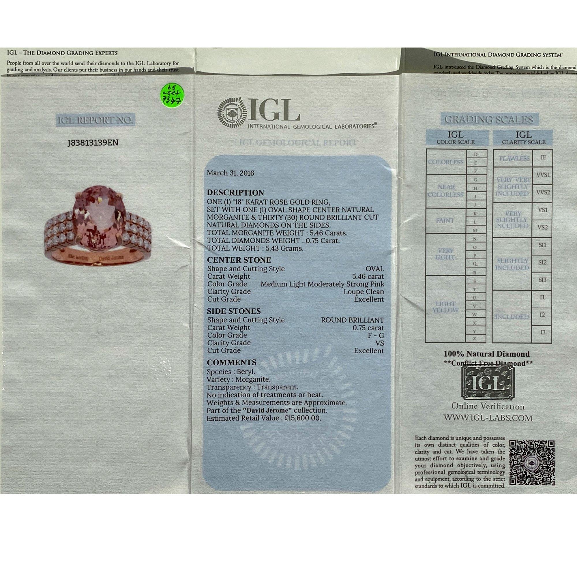 Morganite brésilienne ovale non traitée et diamants en or 18 carats certifiés 5,46 carats Ri en vente 1