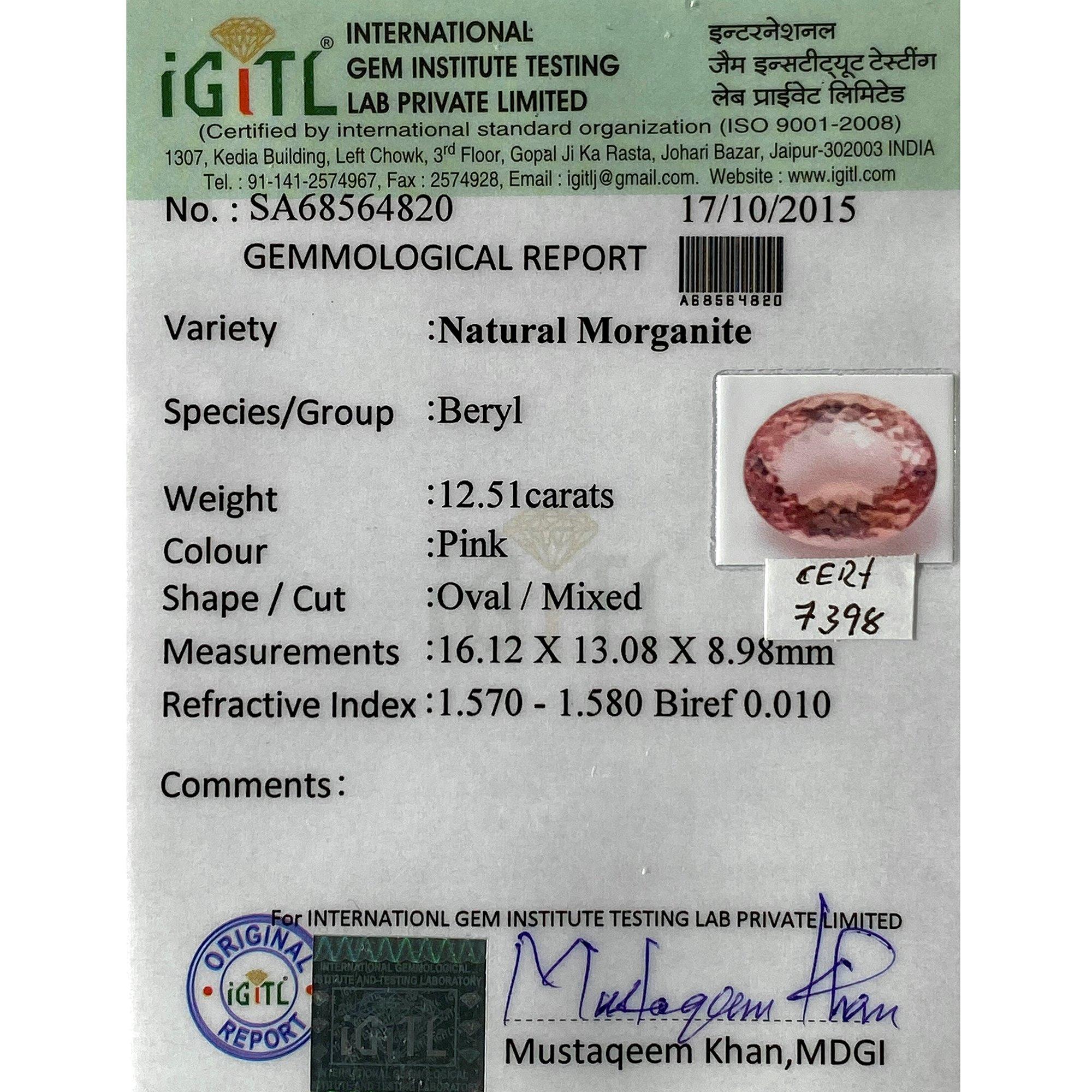 Morganite brésilienne ovale non traitée, saphir rose et diamant certifiés 12,51 carats en vente 1