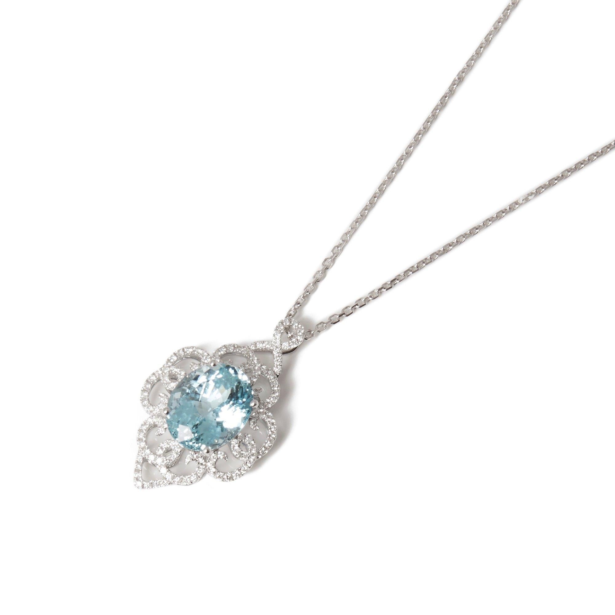 This Pendant Designed by David Jerome is from his Private Collection and features One Oval Cut Aquamarine Totalling 6.75cts Sourced in Brazil. Set with Round Brilliant Cut Diamonds Totalling 0.63cts Mounted in an 18k White Gold Setting. 

David