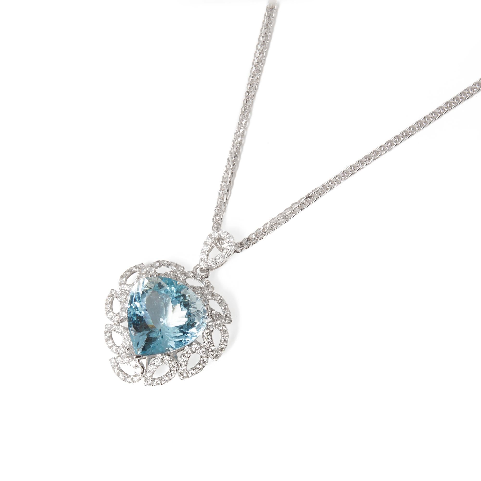 This Pendant designed by David Jerome is from his private collection and features one 13.74ct Trilliant Cut Aquamarine sourced in Brazil. Set with 1.52ct round brilliant cut diamonds mounted in an 18k white gold setting. 

David prides himself in