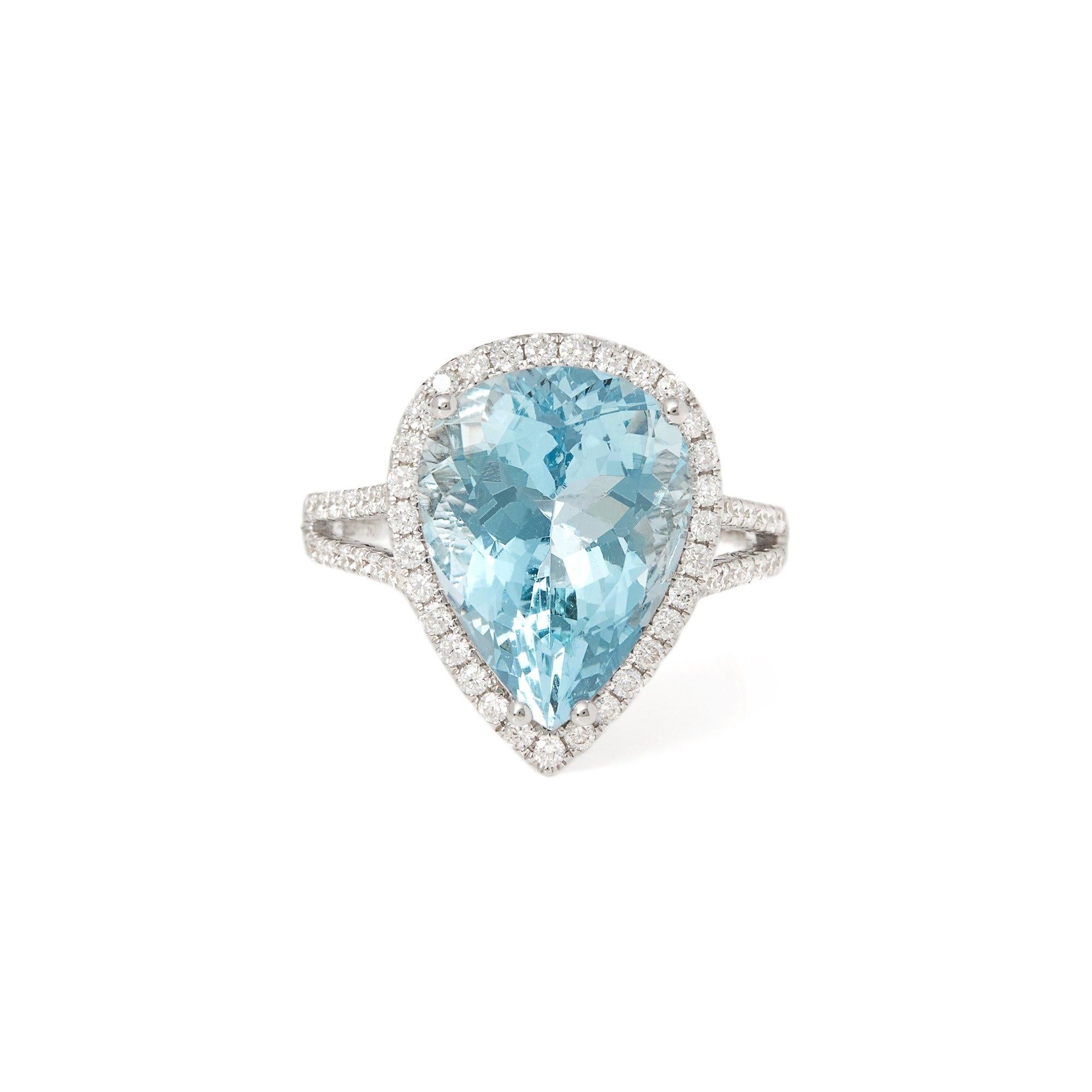 This ring designed by David Jerome is from his private collection and features one pear cut Aquamarine totalling 6.66cts sourced in Brazil. Set with round brilliant cut Diamonds totalling 0.57cts mounted in an 18k white gold setting. UK finger size