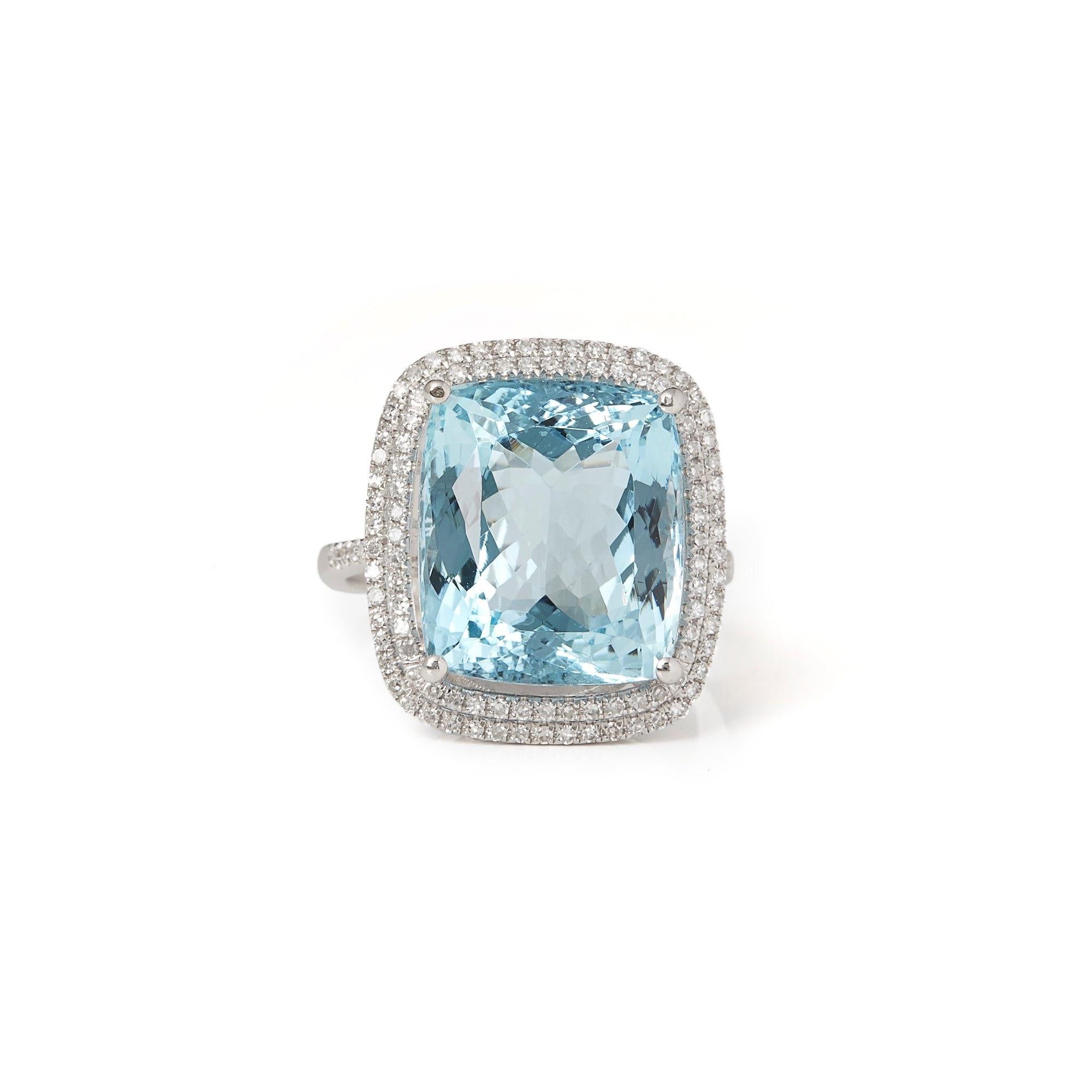 This ring designed by David Jerome is from his private collection and features one cushion cut Aquamarine totalling 12.56cts sourced in Brazil. Set with round brilliant cut Diamonds totalling 0.46cts mounted in an 18k white gold setting. Finger size