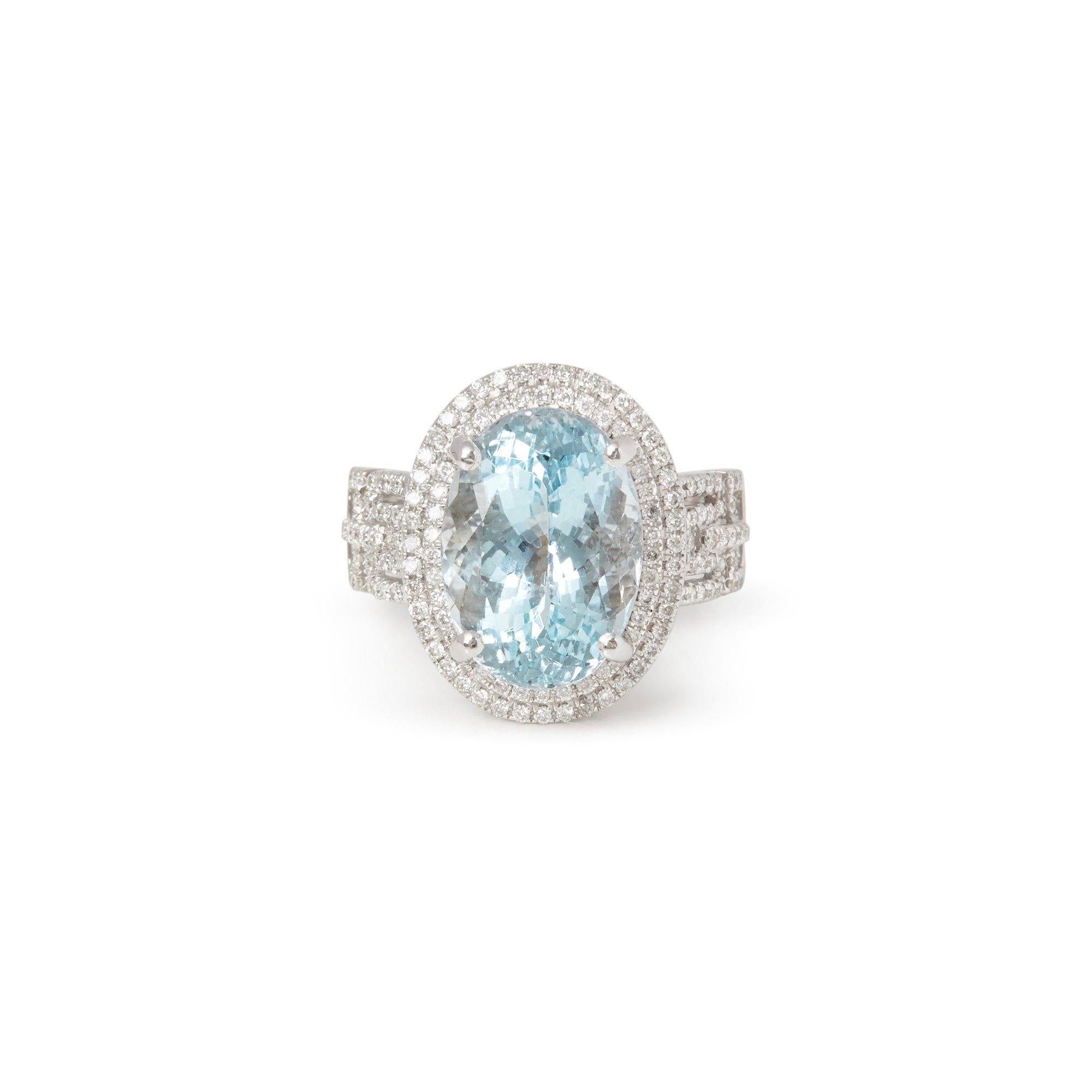 This ring designed by David Jerome is from his private collection and features one oval cut Aquamarine totalling 6.82cts sourced in Brazil. Set with round brilliant cut diamonds totalling 0.58cts mounted in an 18k white gold setting. Finger size UK