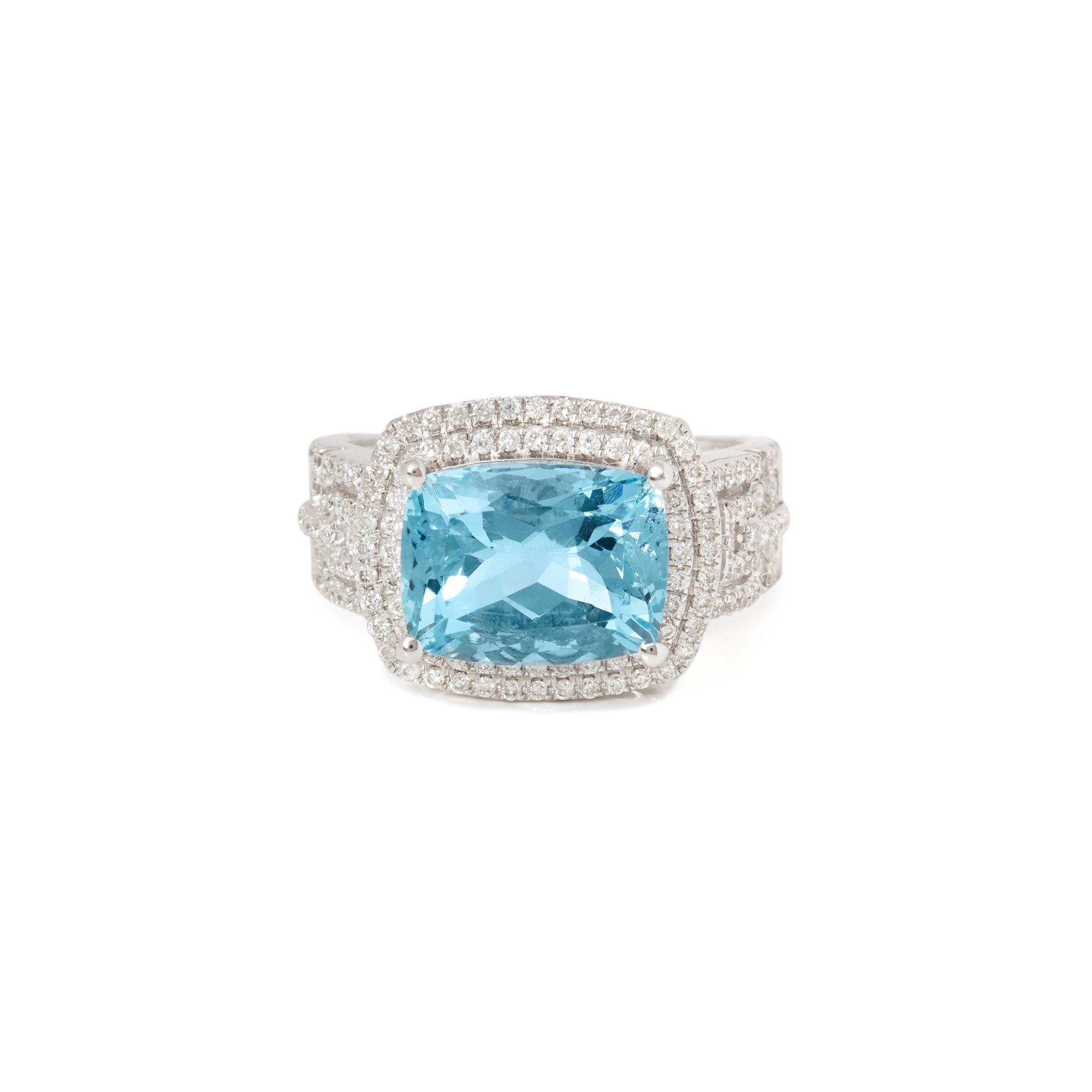 This ring designed by David Jerome is from his private collection and features one cushion cut Aquamarine totalling 4.81cts sourced in Brazil. Set with round brilliant cut Diamonds totalling 0.55cts mounted in an 18k white gold setting. Finger size