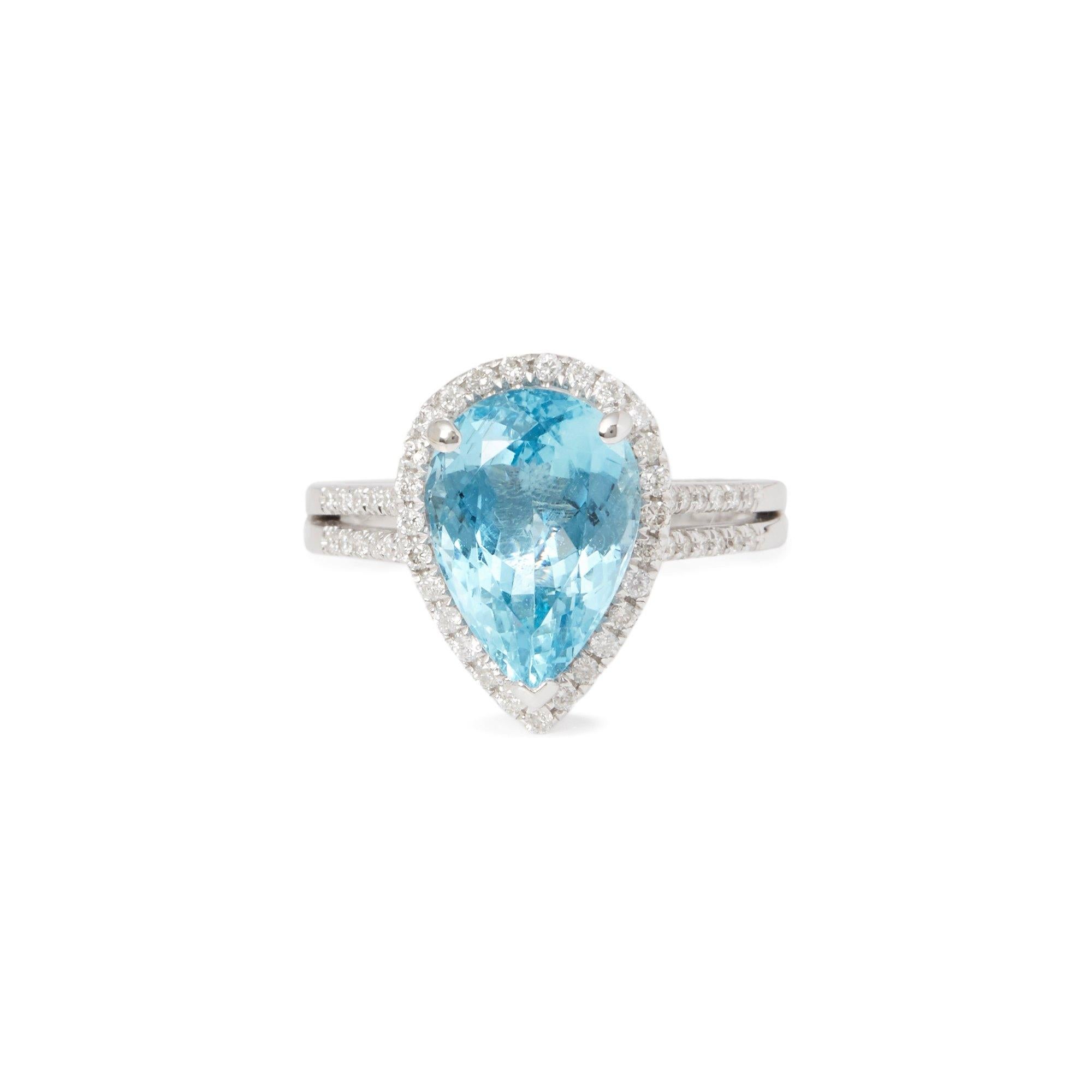 This ring designed by David Jerome is from his private collection and features one pear cut Aquamarine totalling 3.95cts sourced in Brazil. Set with round brilliant cut Diamonds totalling 0.38cts mounted in an 18k white gold setting. Finger size UK