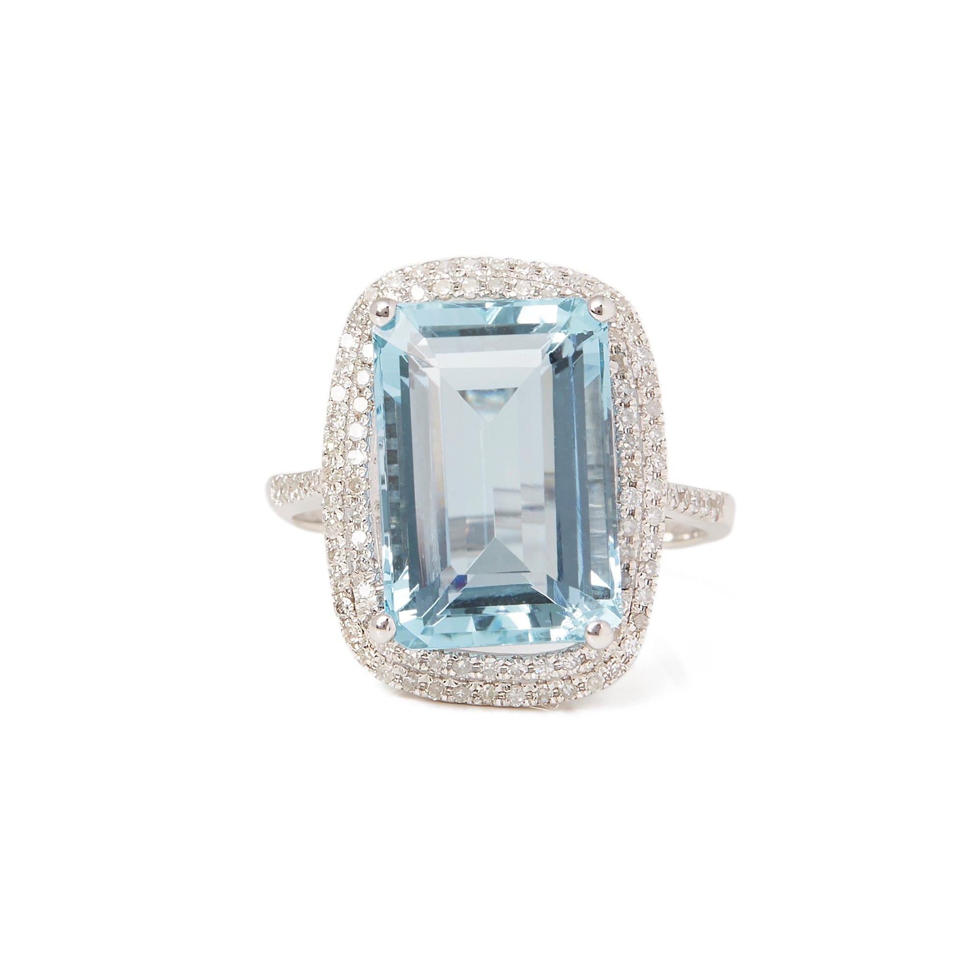 This ring designed by David Jerome is from his private collection and features one Emerald cut Aquamarine totalling 7.92cts sourced in Brazil. Set with round Brilliant cut Diamonds totalling 0.44cts mounted in an 18k white gold setting. Finger size