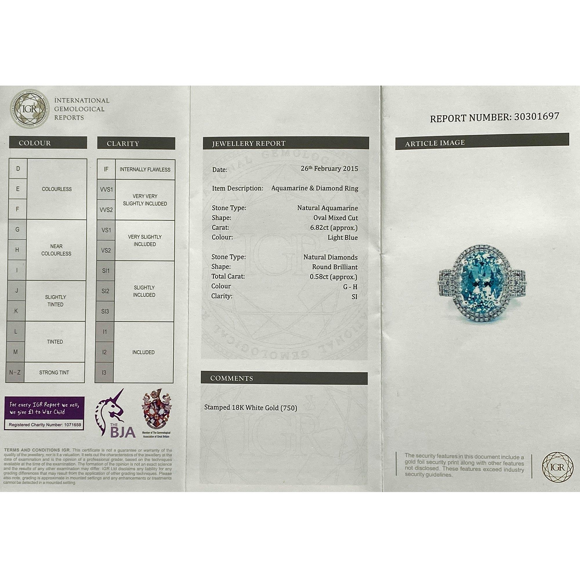 Certified 6.82ct Brazilian Oval Cut Aquamarine and Diamond 18ct gold Ring 1