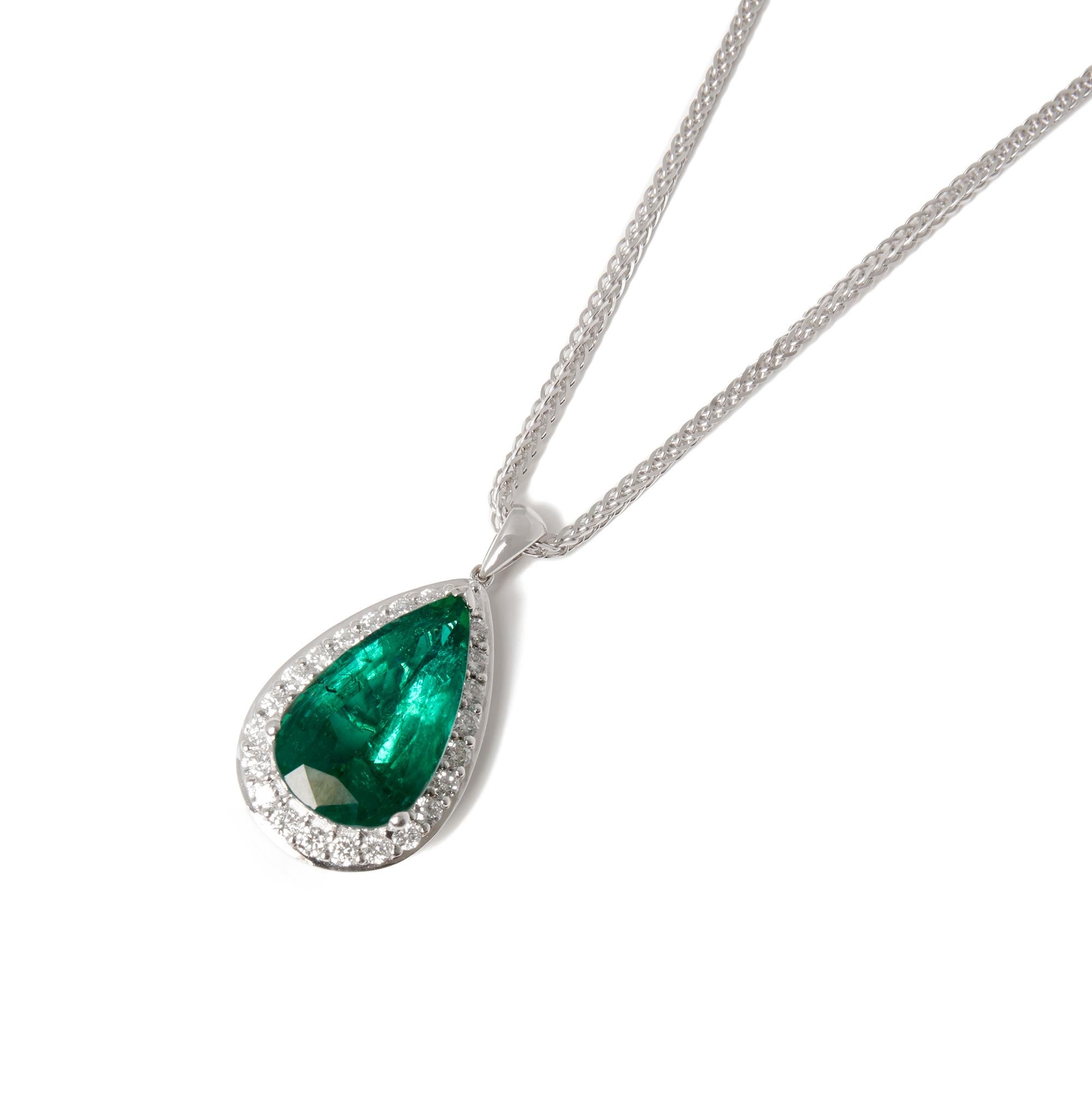 This Pendant designed by David Jerome is from his private collection and features one 8.11ct Pear cut Emerald sourced in the Chivor Mine Columbia. Set with 0.77ct round brilliant cut Diamonds mounted in an 18k white gold setting. 


David prides